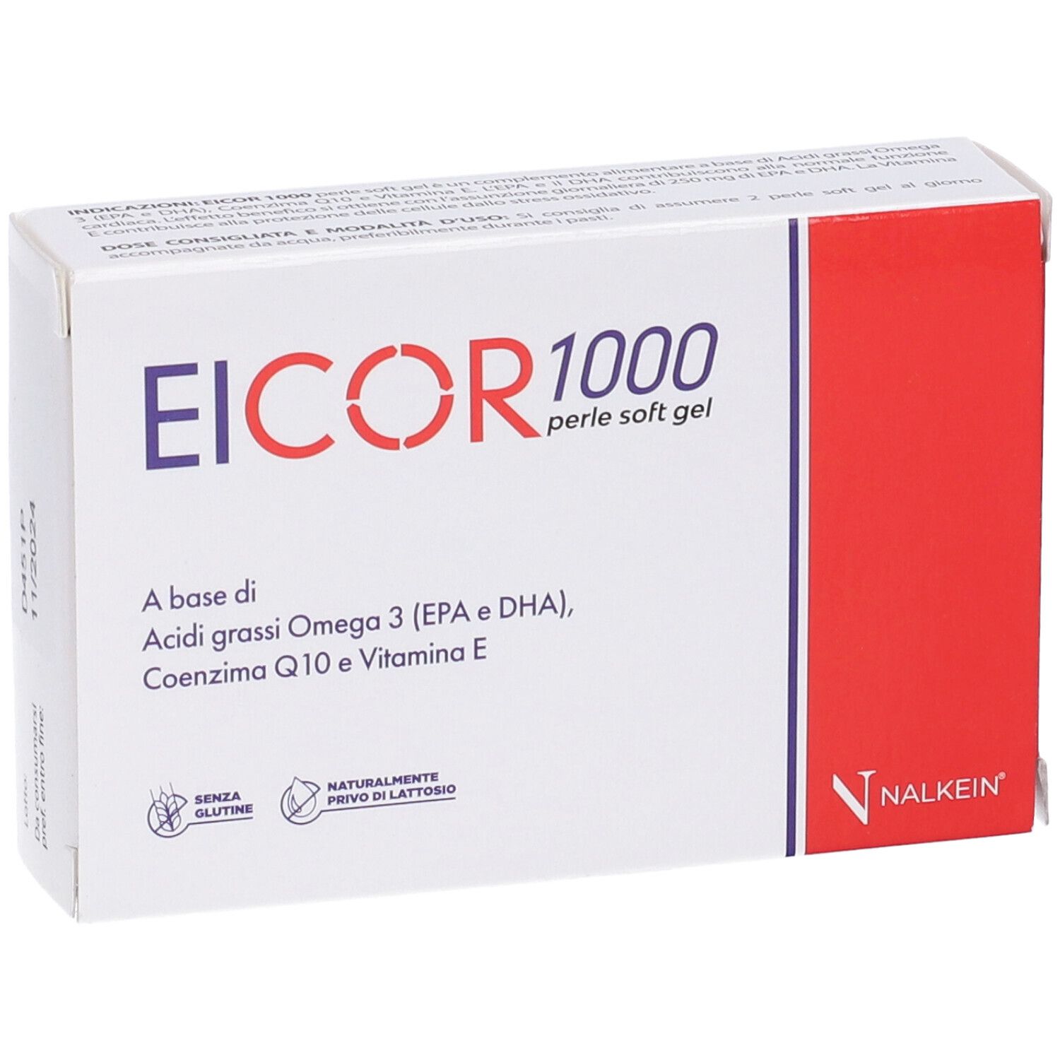 Boîte de gélules Eicor 1000. Inscription : Eicor 1000, perle soft gel. Bande rouge sur le côté.