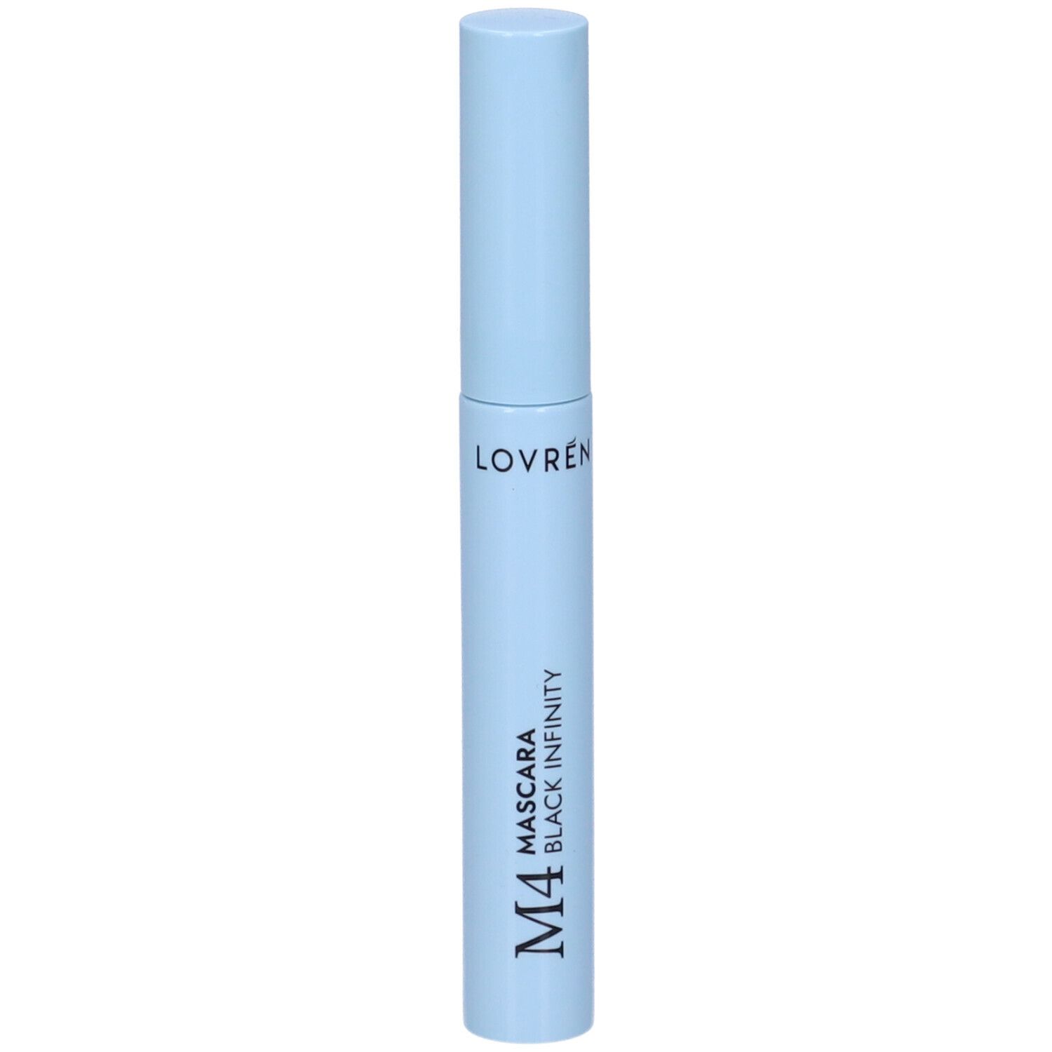 Hellblaue Mascarahülse mit schwarzer Schrift: Lovren M4 Mascara Black Infinity. Zylindrische Form mit Schraubverschluss.