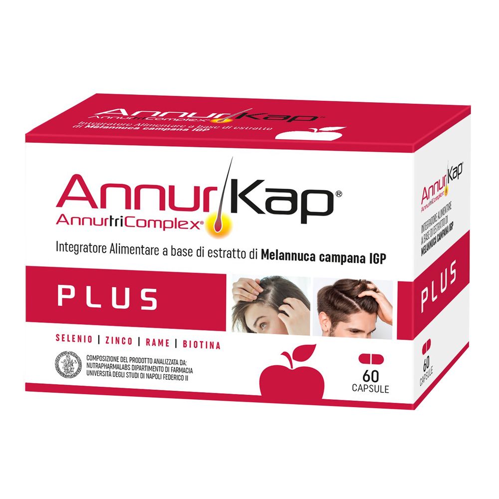 Verpackung mit roter und weißer Schrift. Enthält 60 Kapseln. Aufschrift: AnnurKap Plus, AnnurtriComplex.