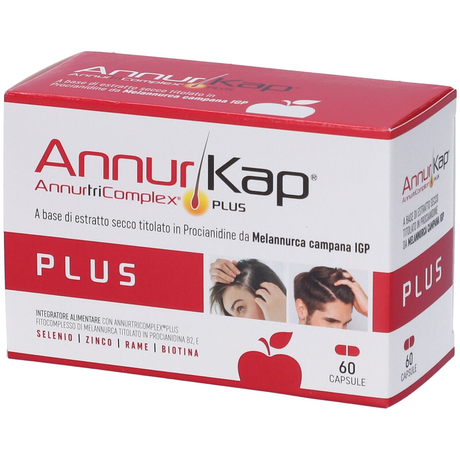 Verpackung mit roter und weißer Schrift. Enthält 60 Kapseln. Aufschrift: AnnurKap Plus, AnnurtriComplex.