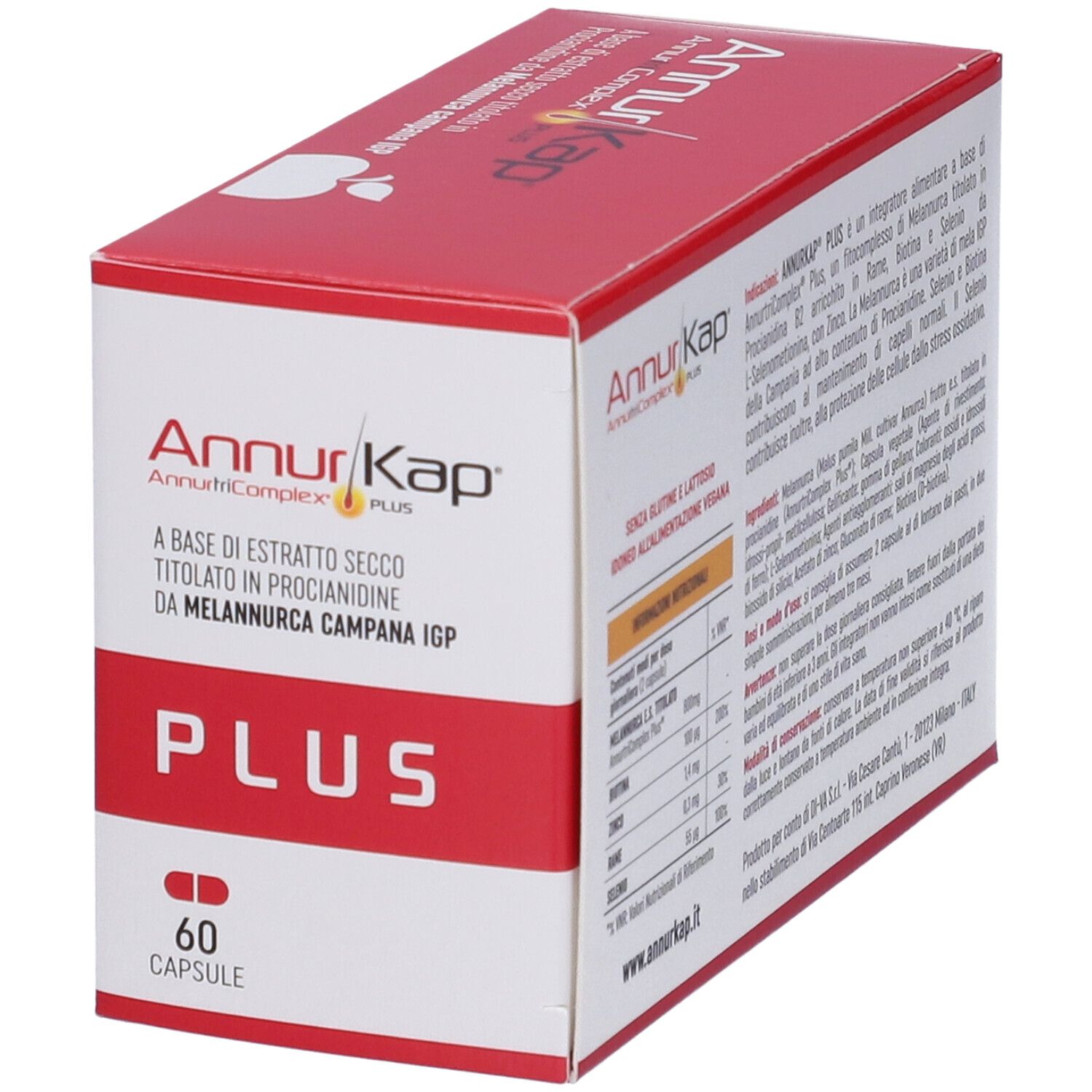 Verpackung mit roter und weißer Schrift. Enthält 60 Kapseln. Aufschrift: AnnurKap Plus, AnnurtriComplex. Rückseite mit Text.
