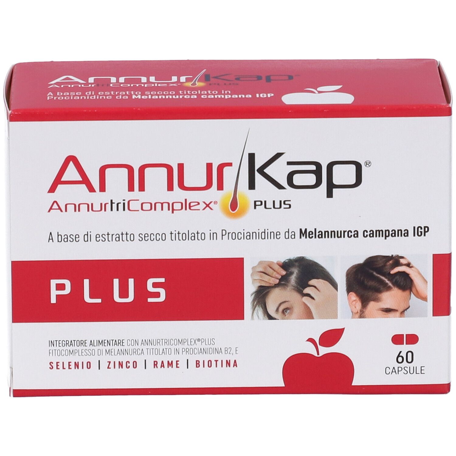 Verpackung mit roter und weißer Schrift. Enthält 60 Kapseln. Aufschrift: AnnurKap Plus, AnnurtriComplex.