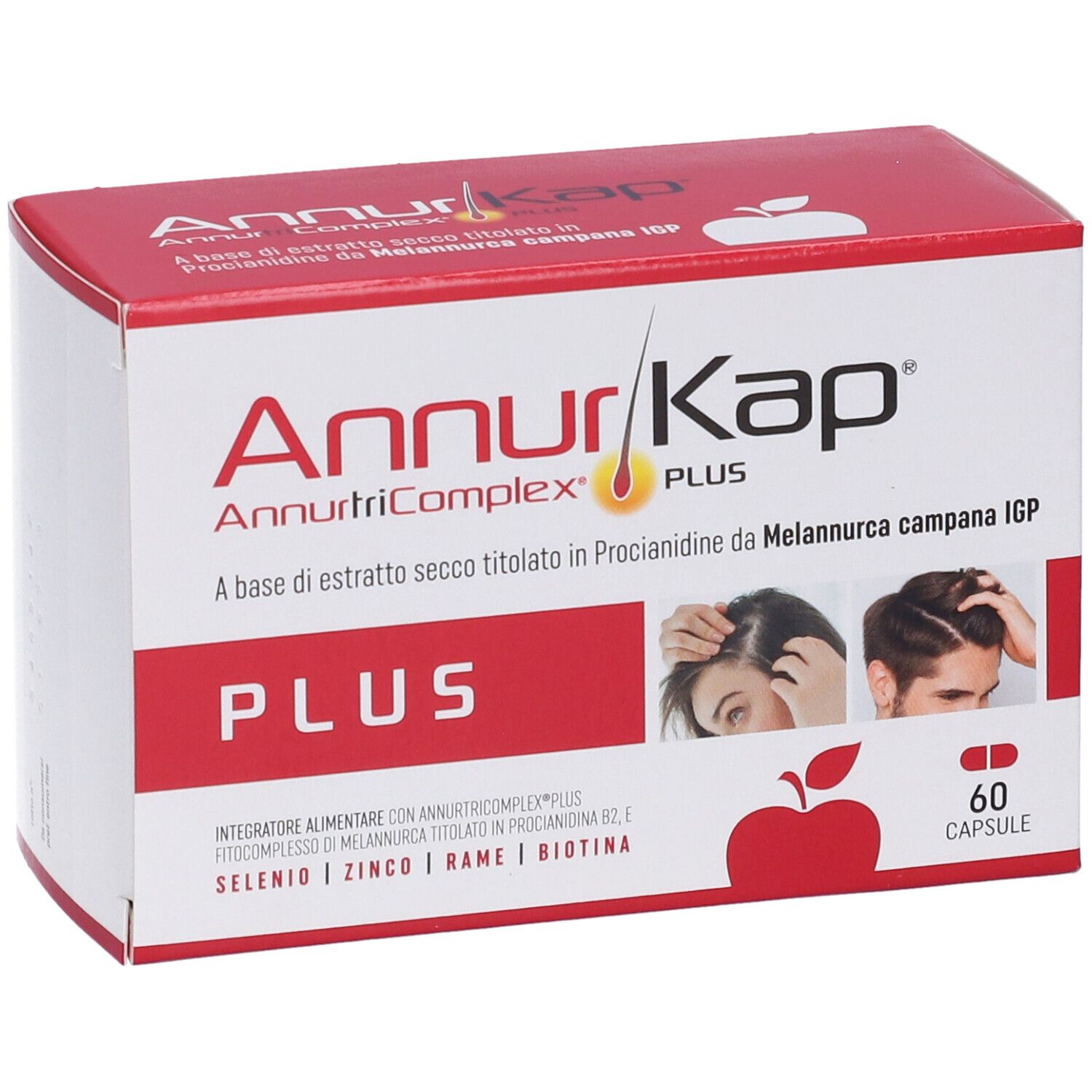 Verpackung mit roter und weißer Schrift. Enthält 60 Kapseln. Aufschrift: AnnurKap Plus, AnnurtriComplex.