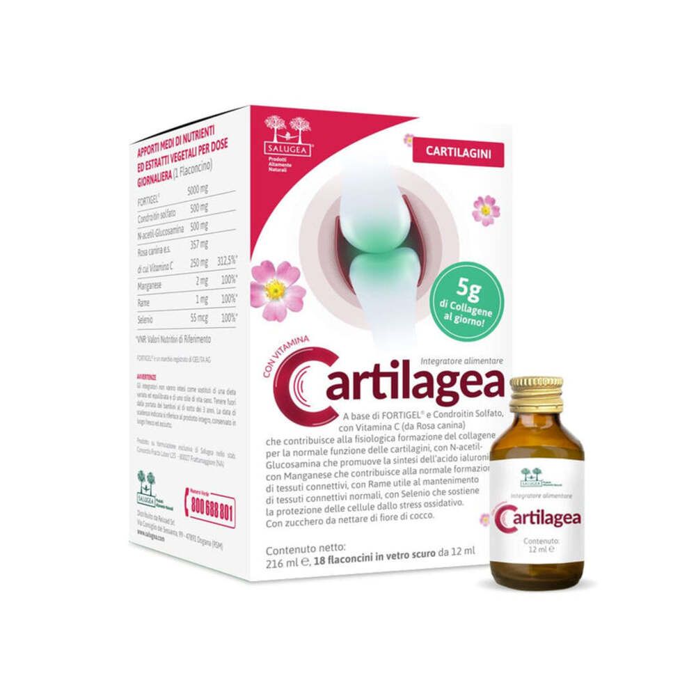 Boîte de Cartilagea avec flacon. Contient 18 flacons. Avec vitamine C. Complément alimentaire.