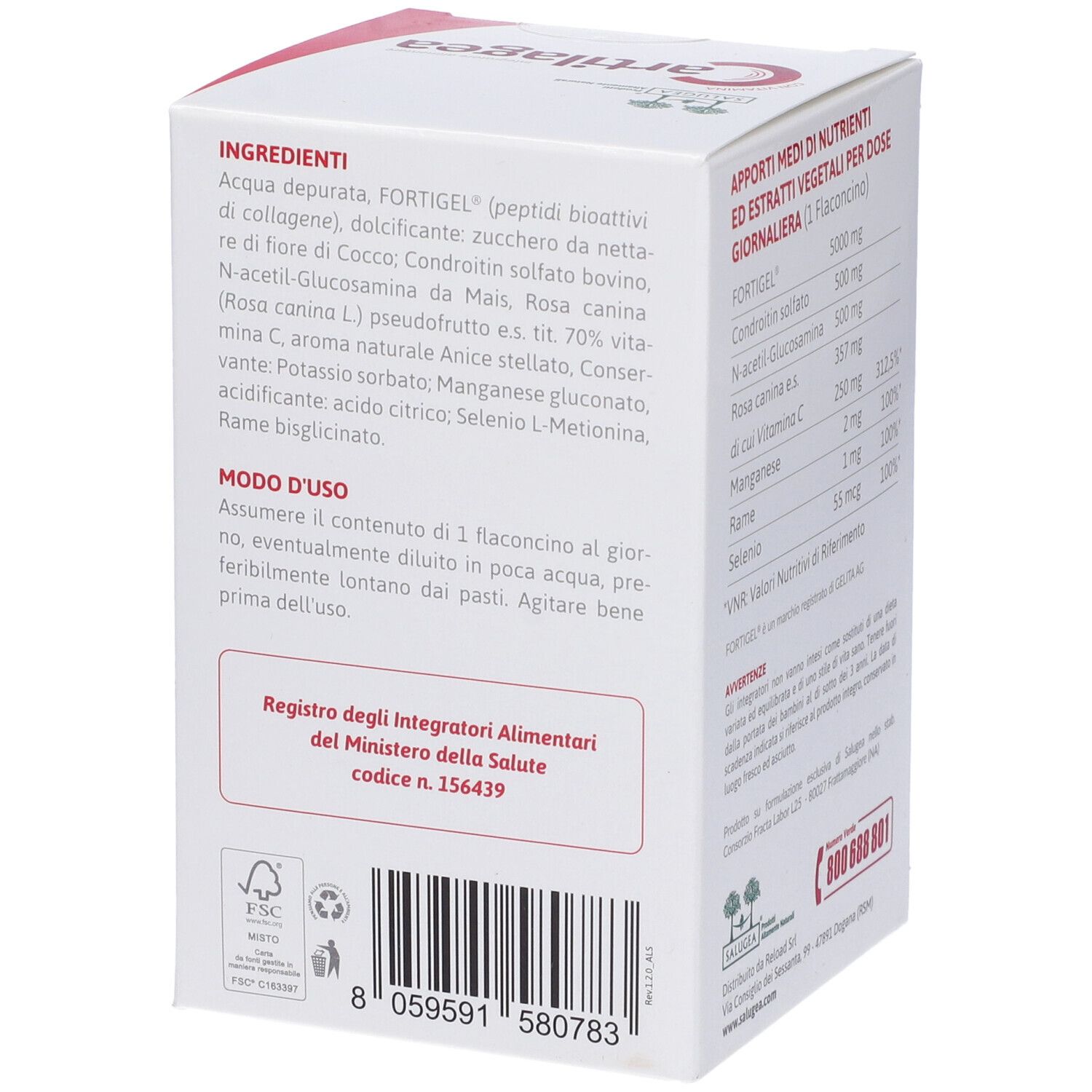 Dos de l'emballage Cartilagea. Contient des informations sur les ingrédients et les avantages.