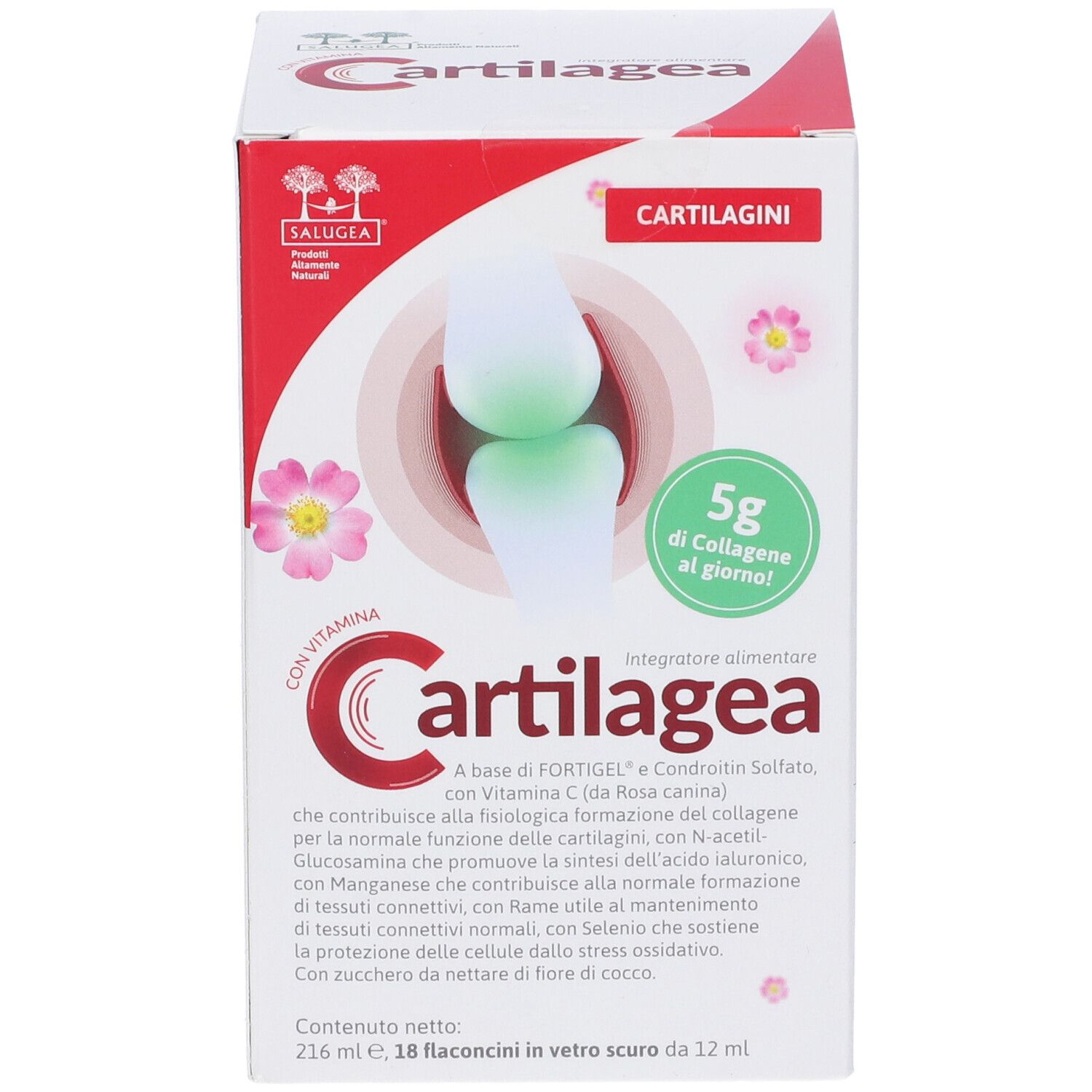 Emballage Cartilagea. Contient 18 flacons. Avec vitamine C. Complément alimentaire.