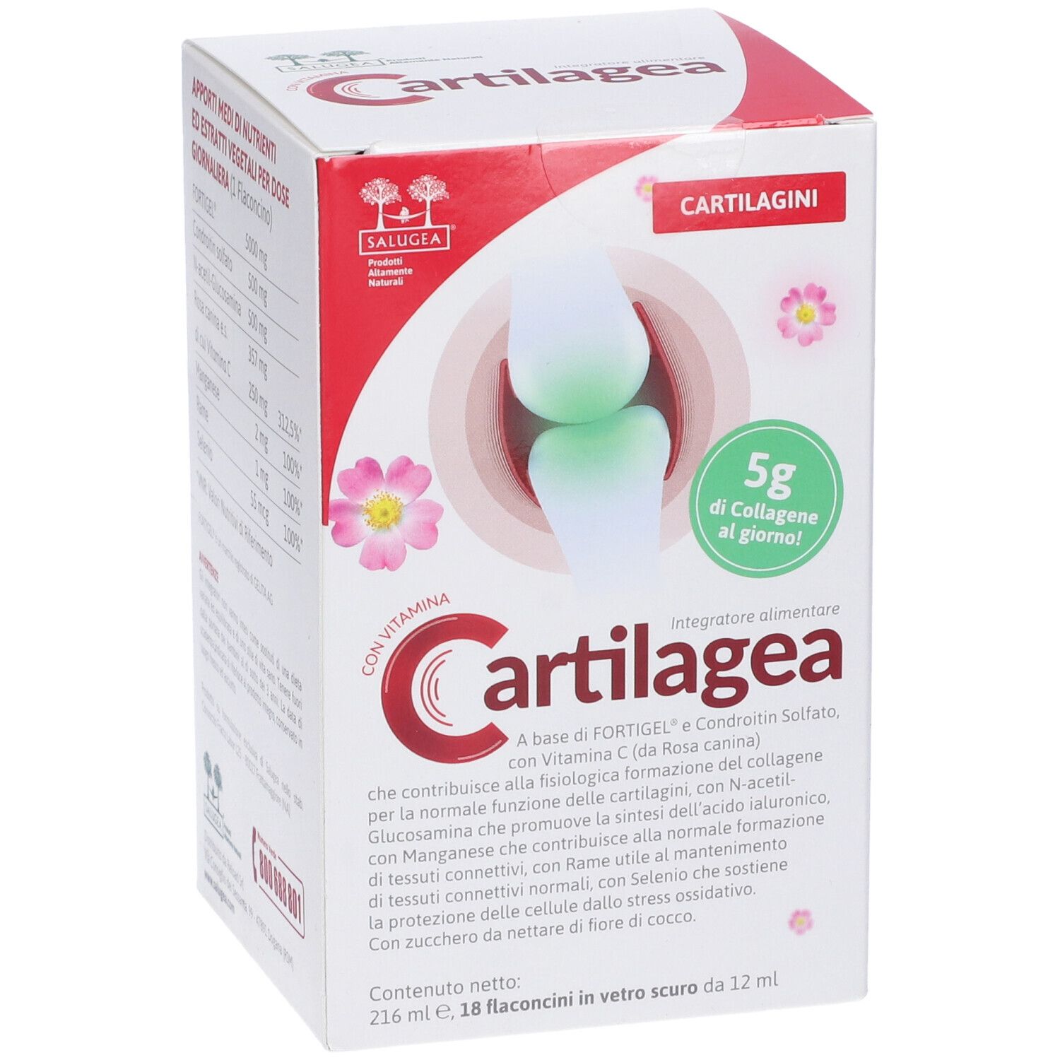 Emballage Cartilagea. Contient 18 flacons. Avec vitamine C. Complément alimentaire.