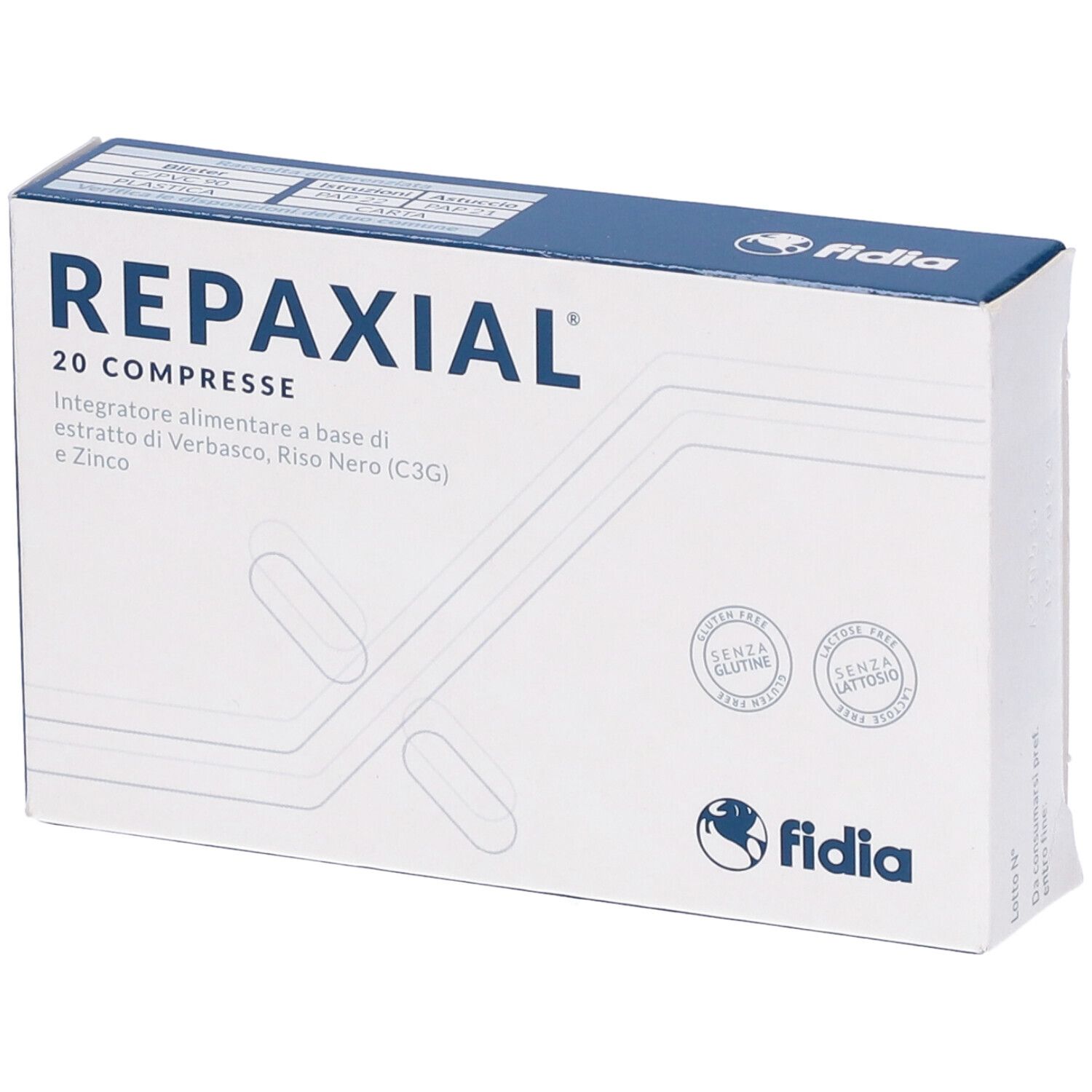 Boîte de comprimés "Repaxial". 20 comprimés, sans gluten ni lactose. Marque : Fidia.