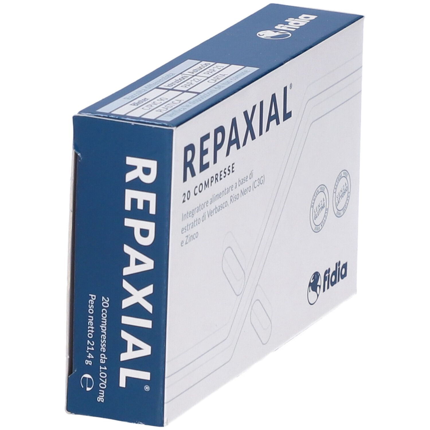 Boîte de comprimés "Repaxial". 20 comprimés, sans gluten ni lactose. Marque : Fidia.