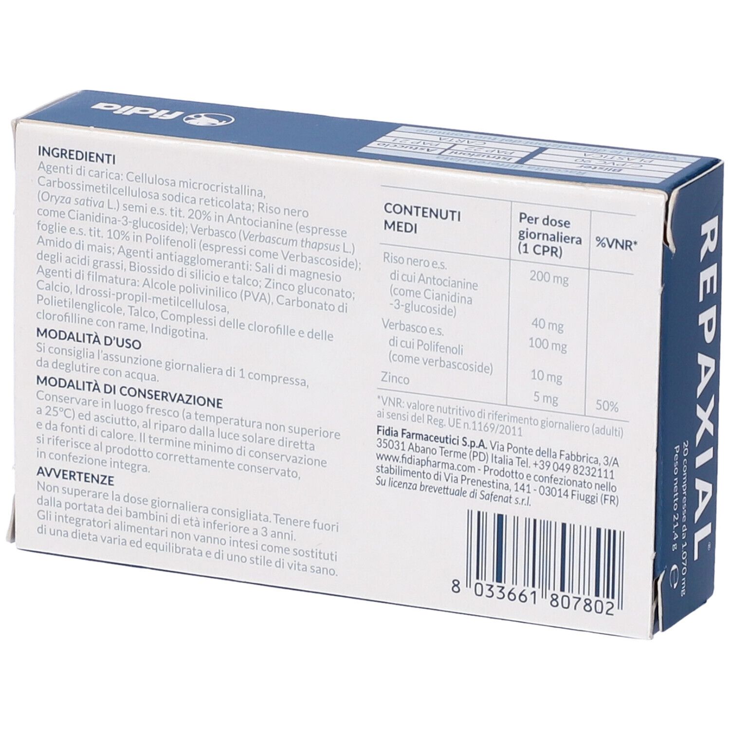 Dos de la boîte de comprimés "Repaxial". Ingrédients, dosage, informations fabricant.