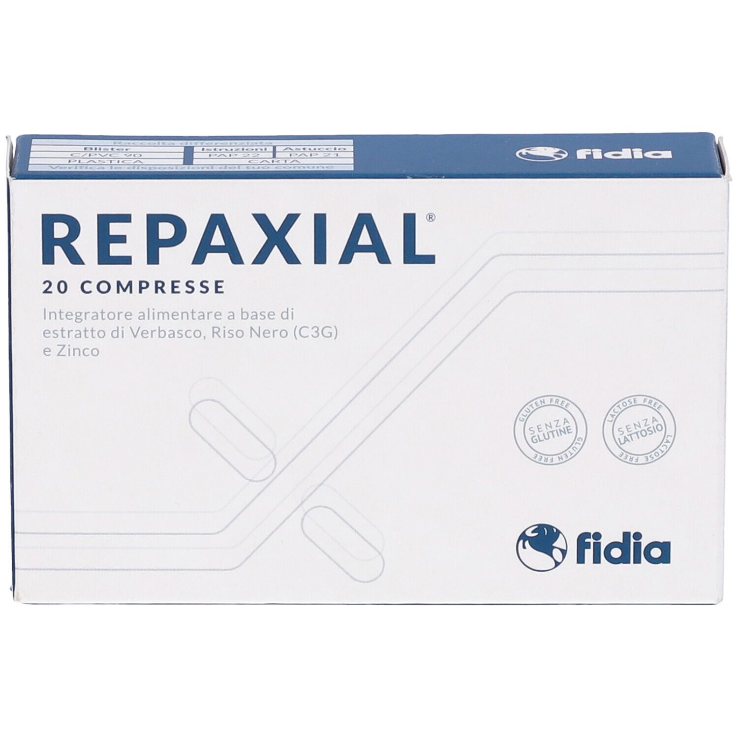 Boîte de comprimés "Repaxial". 20 comprimés, sans gluten ni lactose. Marque : Fidia.