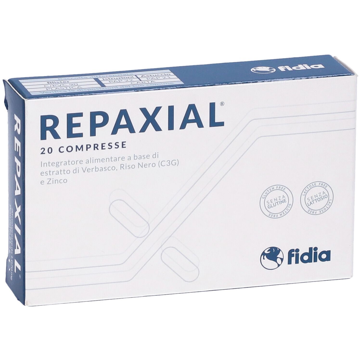 Boîte de comprimés "Repaxial". 20 comprimés, sans gluten ni lactose. Marque : Fidia.
