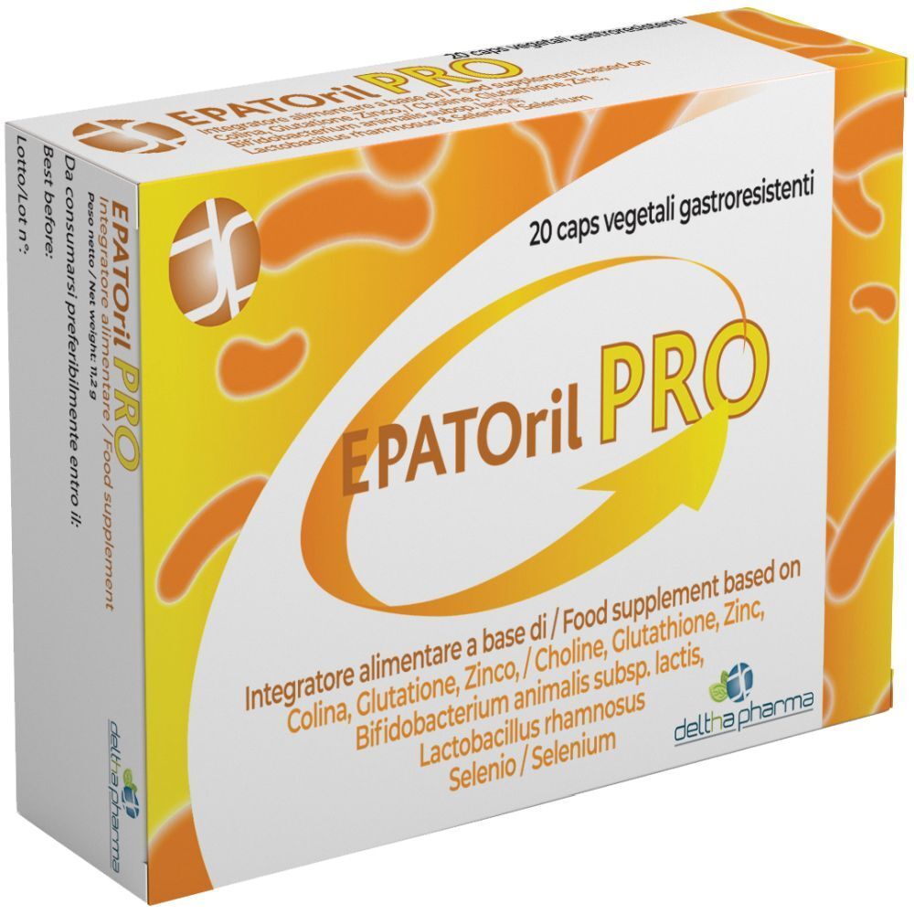 Boîte "EPATORil PRO". Inscription : 20 gélules. Fond jaune-orangé avec informations sur le produit.