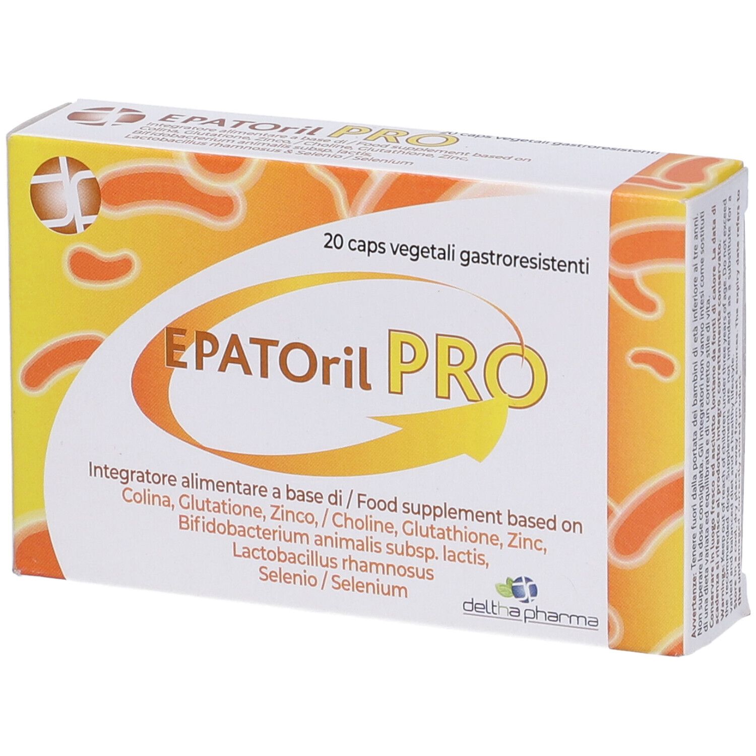 Boîte "EPATORil PRO" avec 20 gélules. Fond jaune-orangé. Nom du produit et informations.