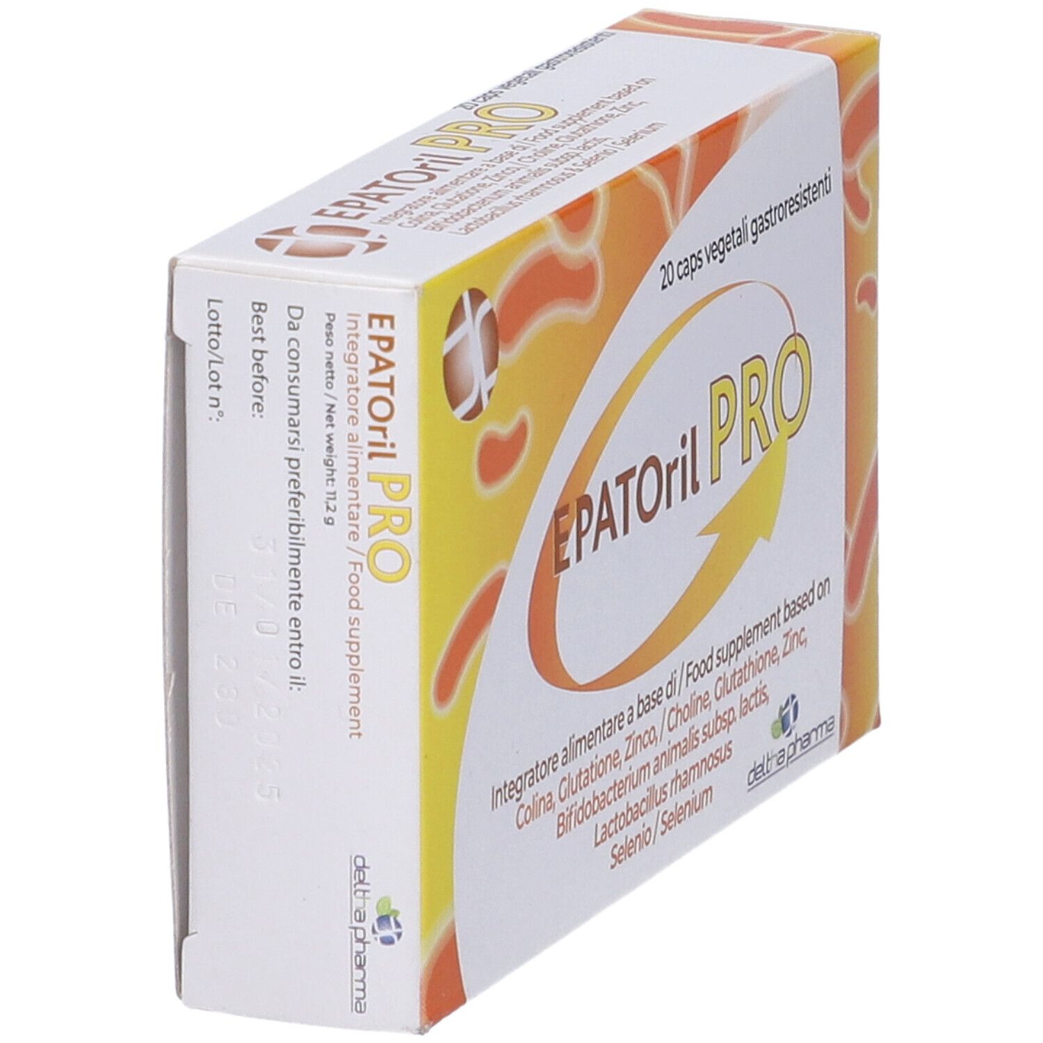 Boîte "EPATORil PRO" avec 20 gélules. Fond jaune-orangé. Nom du produit et ingrédients.