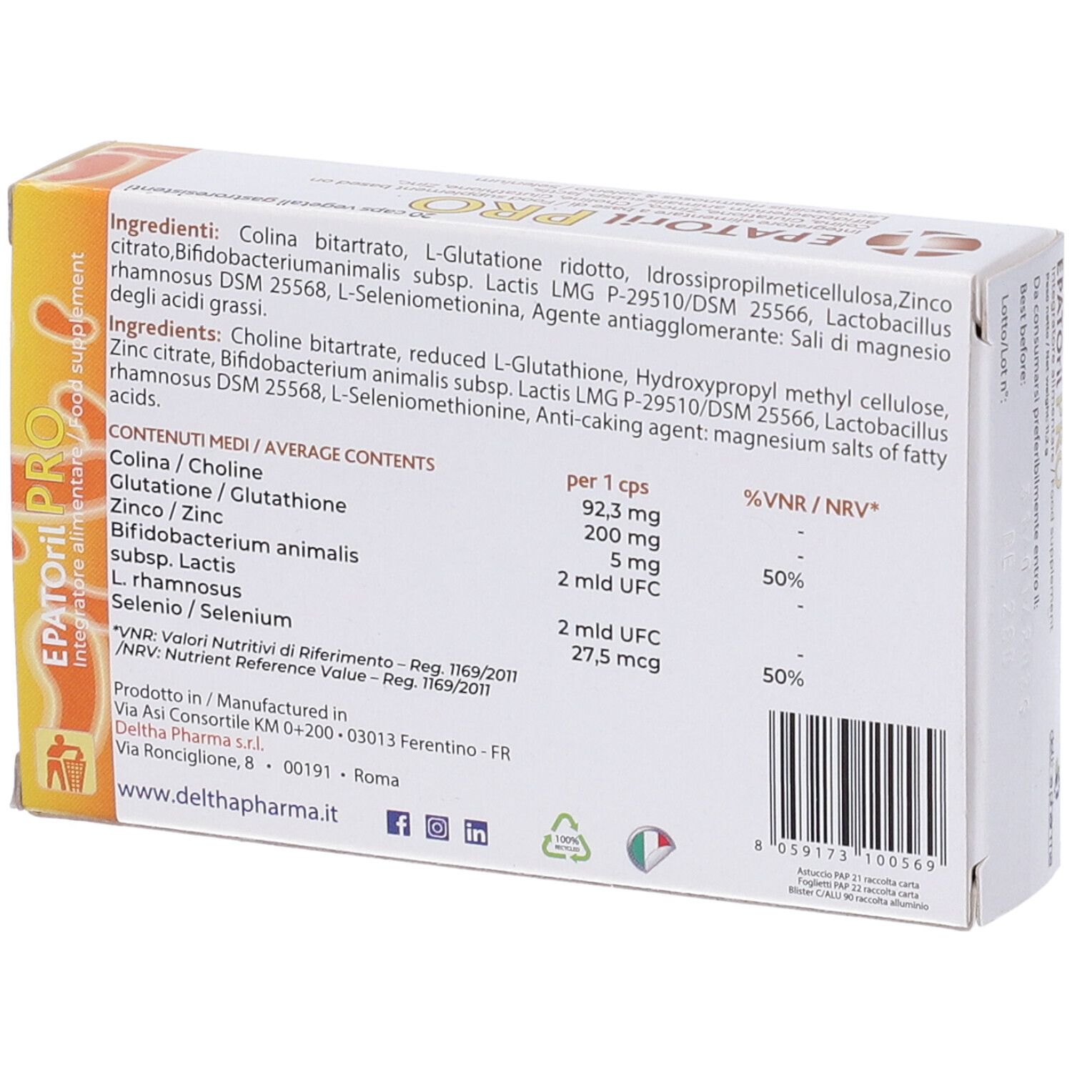 Dos de la boîte "EPATORil PRO". Contient ingrédients, informations nutritionnelles et fabricant.