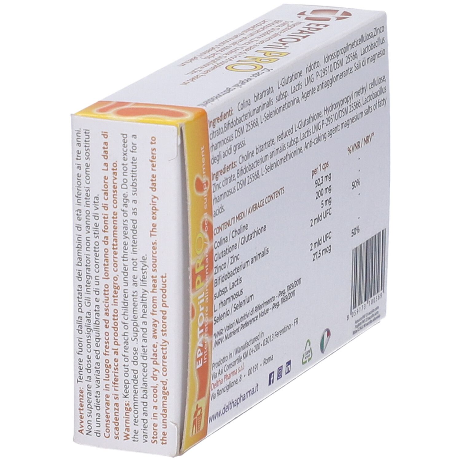 Boîte "EPATORil PRO" avec ingrédients et informations nutritionnelles. Fond jaune-orangé.