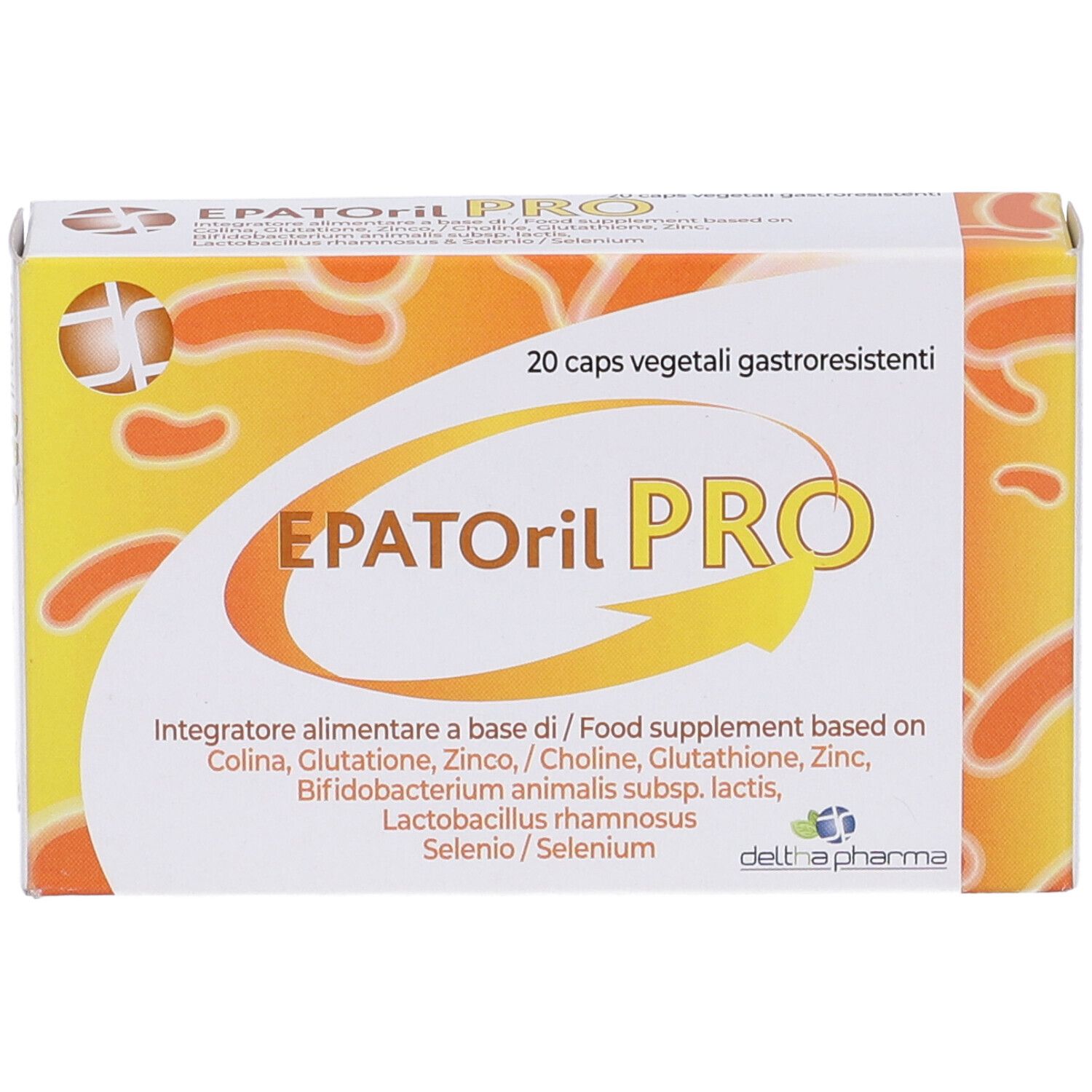 Boîte "EPATORil PRO" avec 20 gélules. Fond jaune-orangé. Nom du produit et informations.