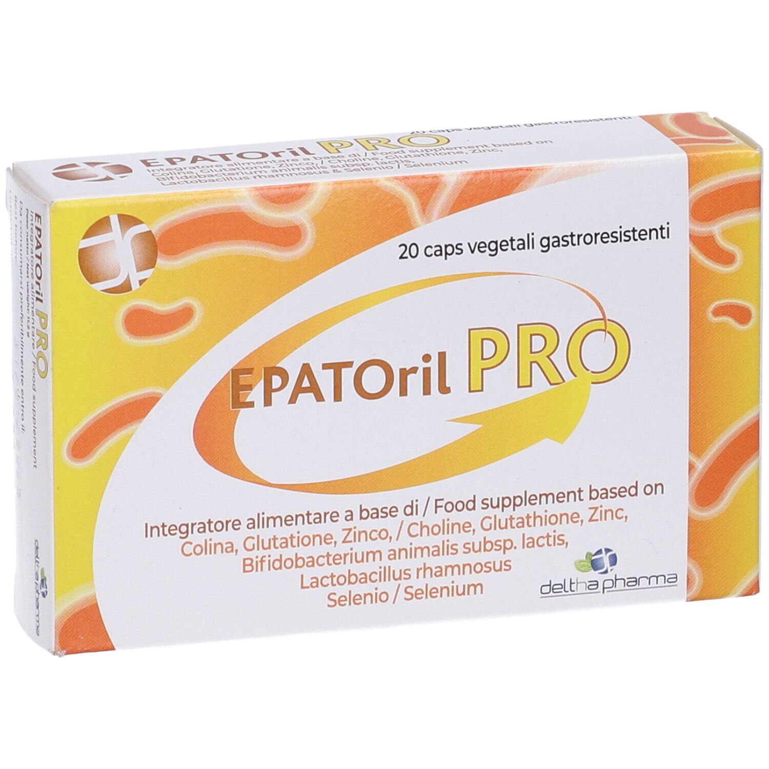 Boîte "EPATORil PRO" avec 20 gélules. Fond jaune-orangé. Nom du produit et informations.