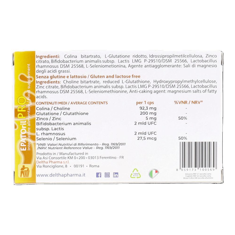 Rückseite der "EPATORIL PRO"-Schachtel. Enthält Inhaltsstoffe, Nährwertangaben und Herstellerinformationen.