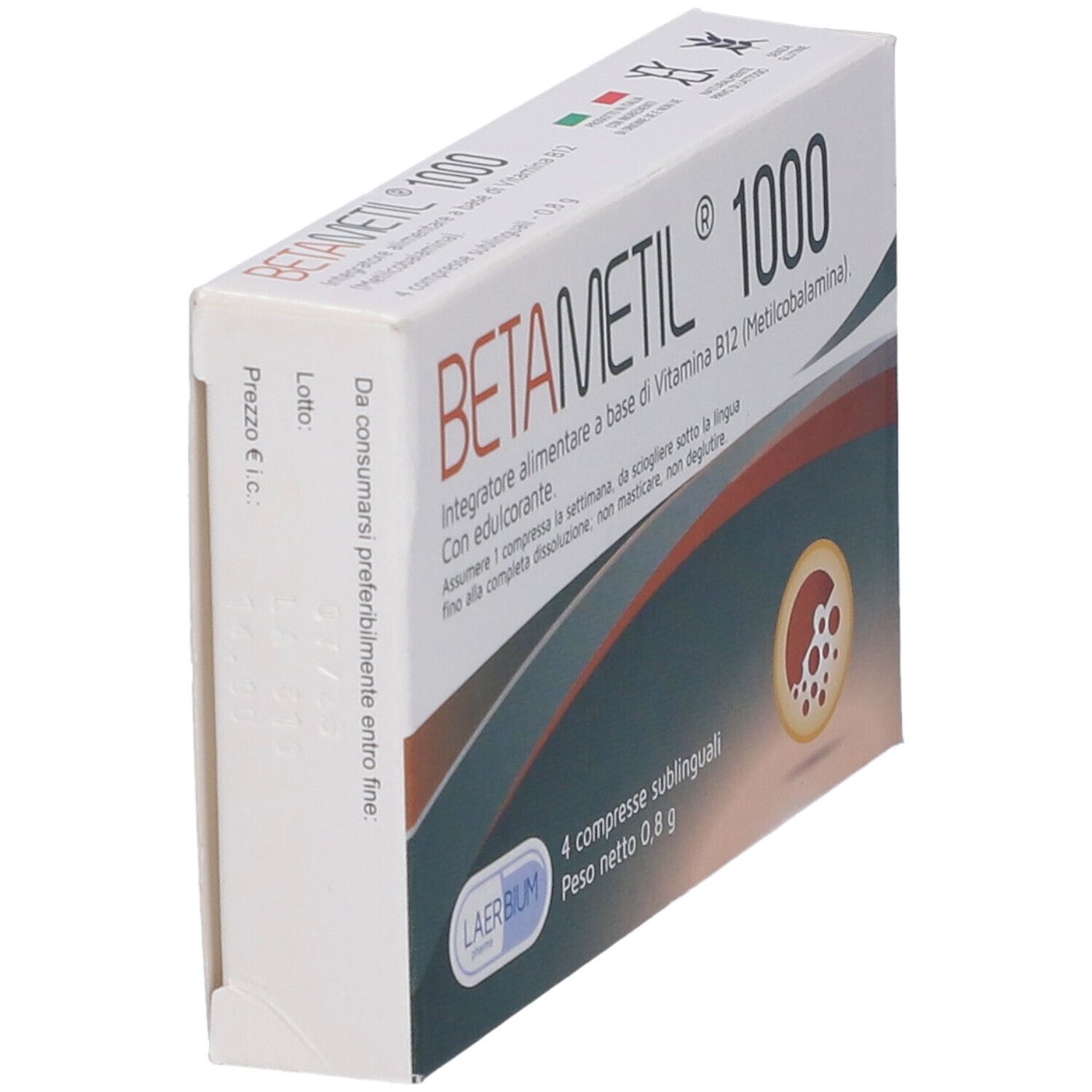 Betametil 1000-Verpackung, 4 sublinguale Tabletten. Weiße Schachtel mit roter und blauer Schrift. Ansicht von der Seite.