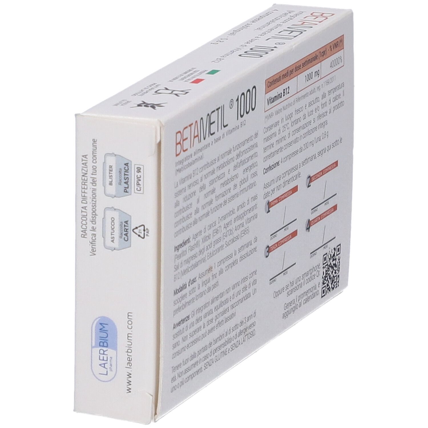 Seite der Betametil 1000-Verpackung. Enthält Informationen und QR-Code. Weiße Schachtel mit Text.