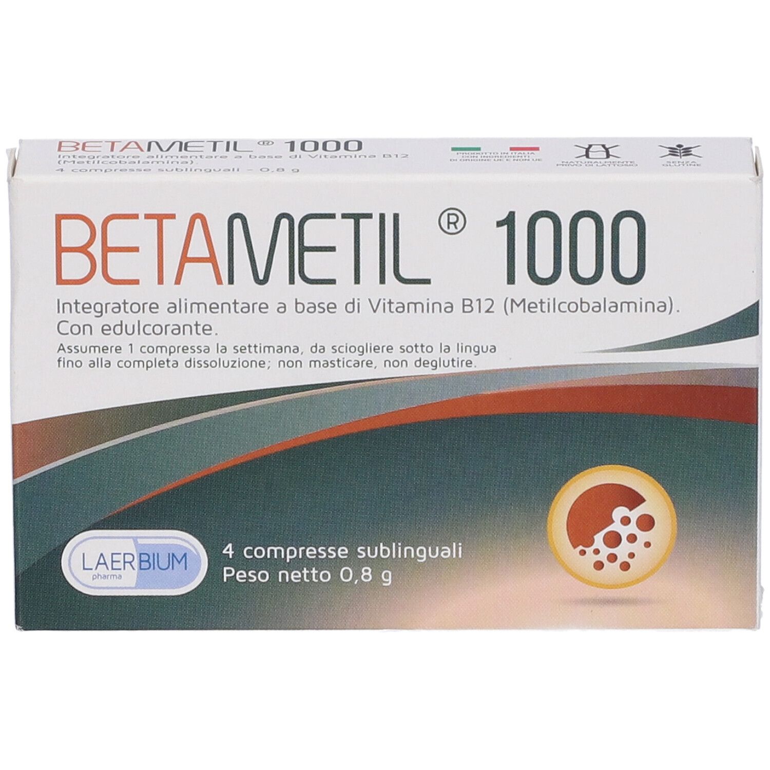 Betametil 1000-Verpackung, 4 sublinguale Tabletten. Weiße Schachtel mit roter und blauer Schrift. Draufsicht.