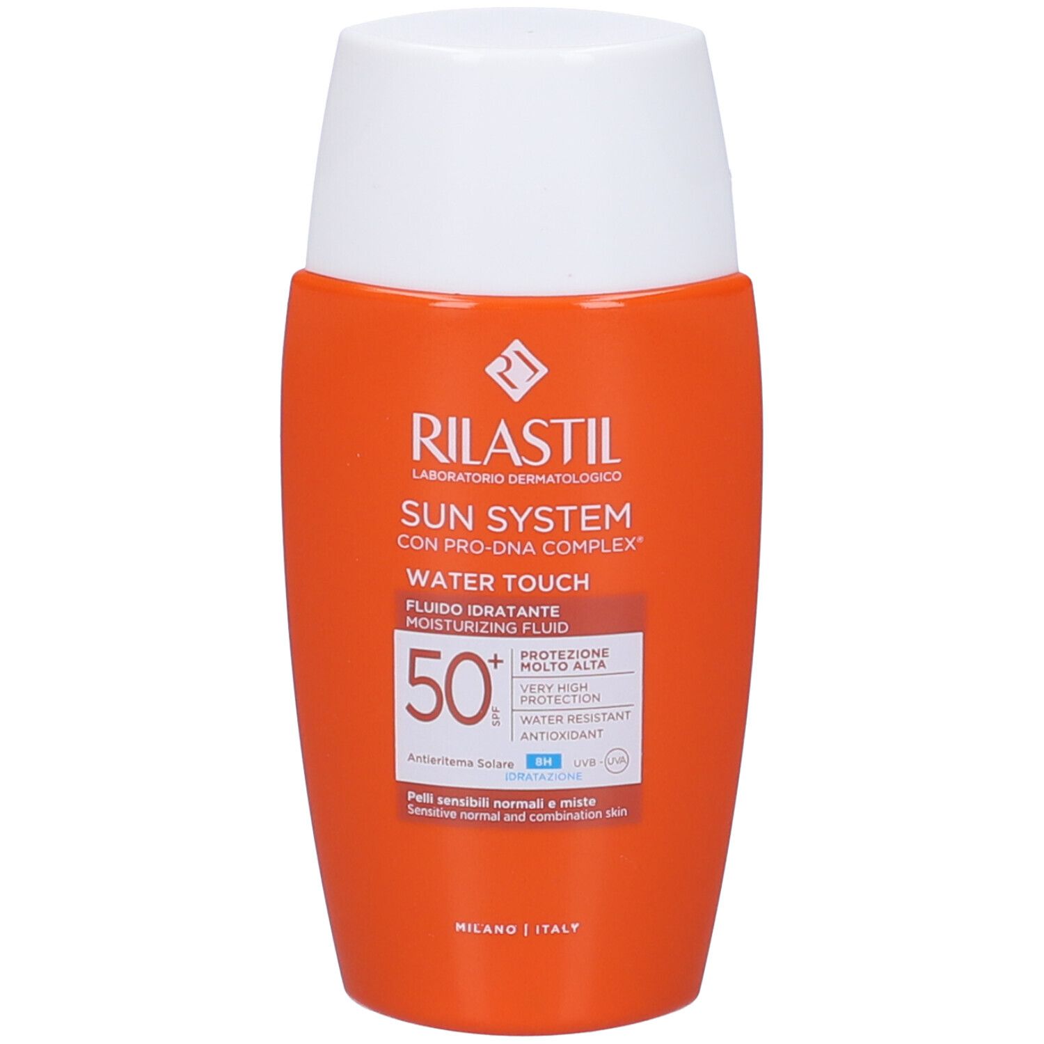 Orangefarbene Flasche mit weißem Deckel. Aufschrift: Rilastil Sun System Water Touch SPF 50+.