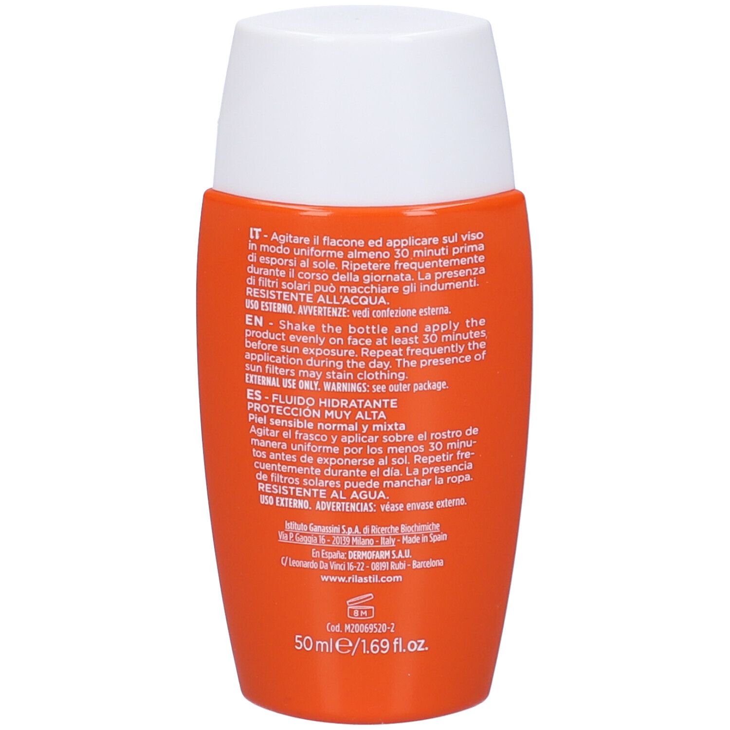 Rückseite einer orangefarbenen Flasche. Text in mehreren Sprachen. Enthält Informationen zur Anwendung.