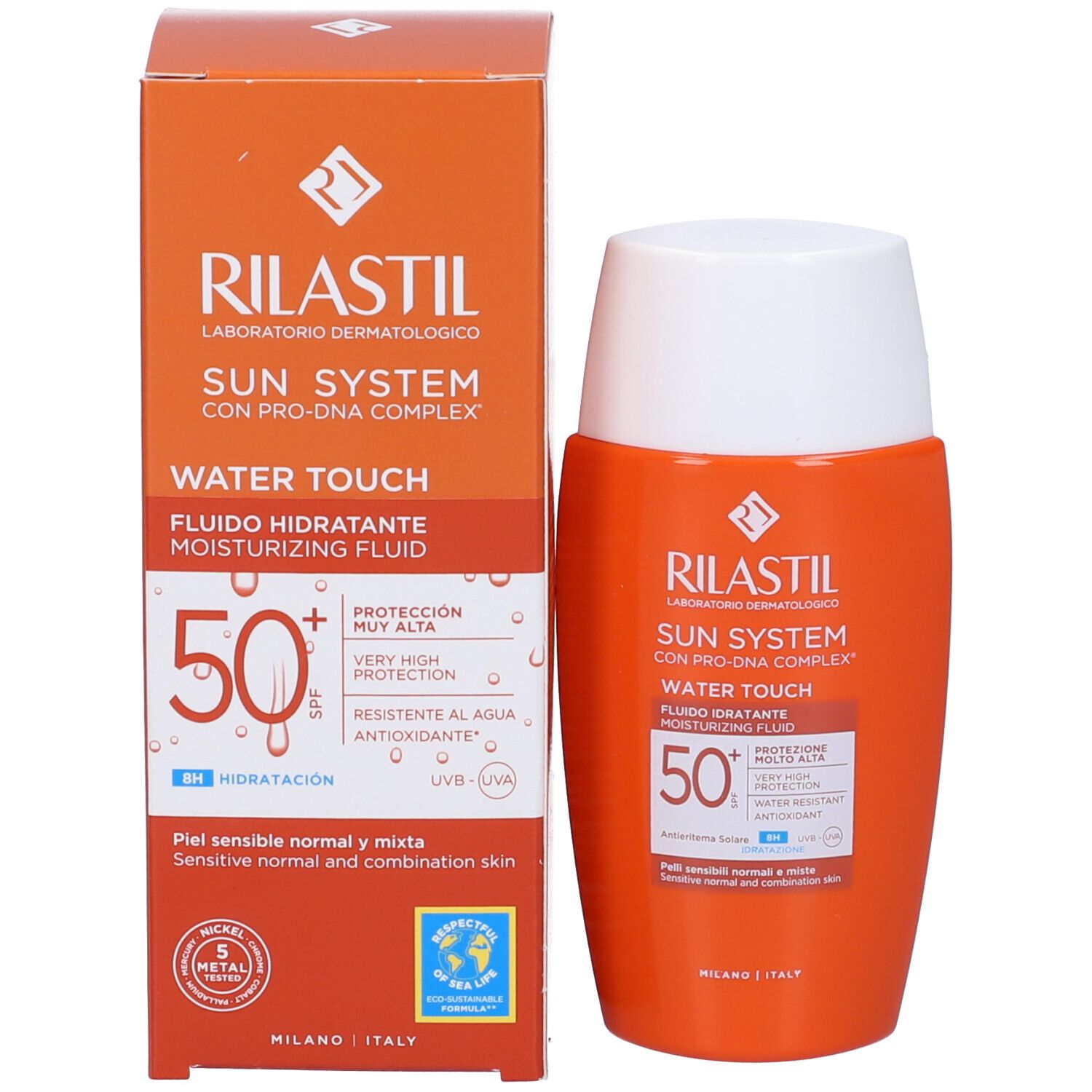 Produkt und Verpackung. Orangefarbene Schachtel und Flasche. Aufschrift: Rilastil Sun System Water Touch SPF 50+.