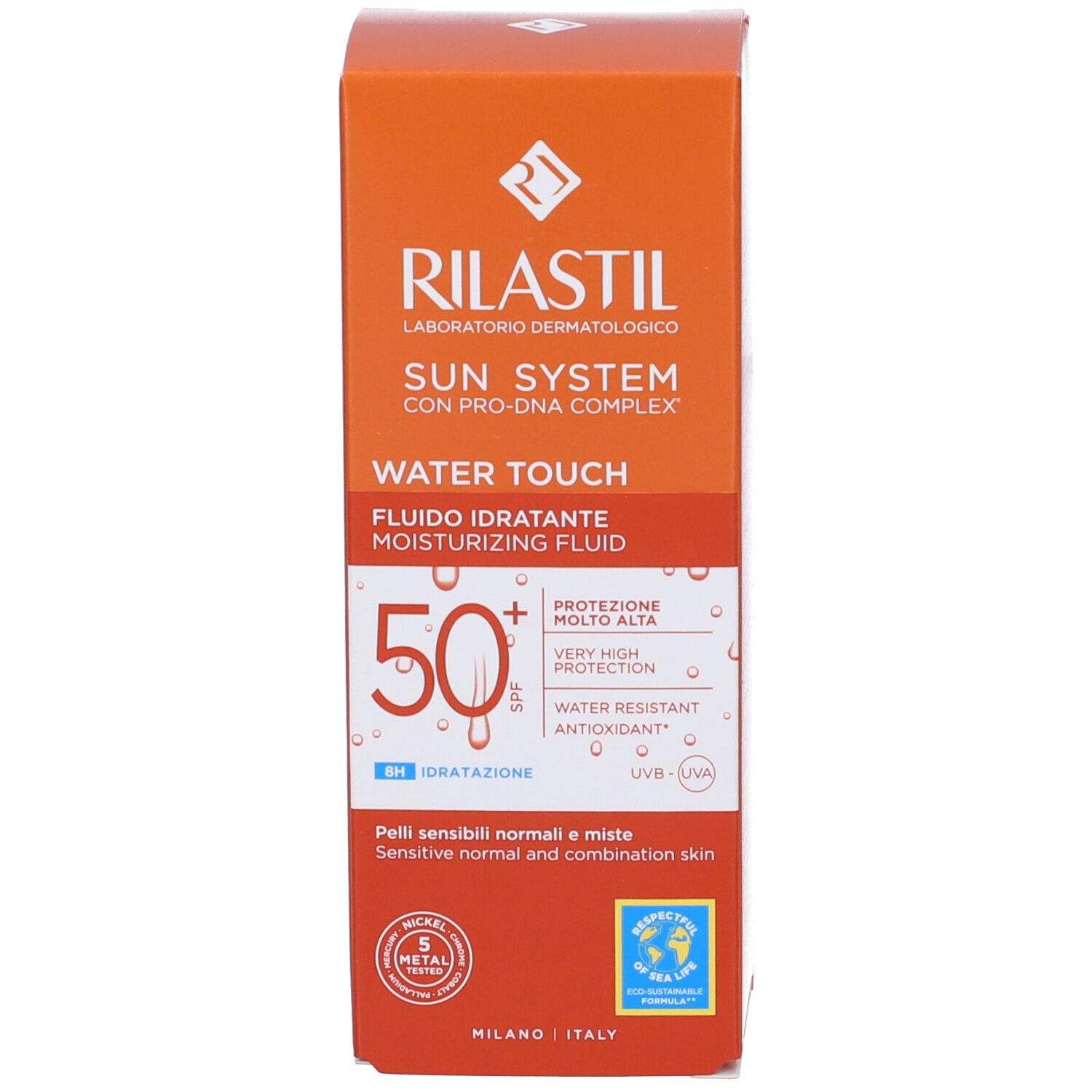 Vorderseite der Produktverpackung. Aufschrift: Rilastil Sun System Water Touch SPF 50+.
