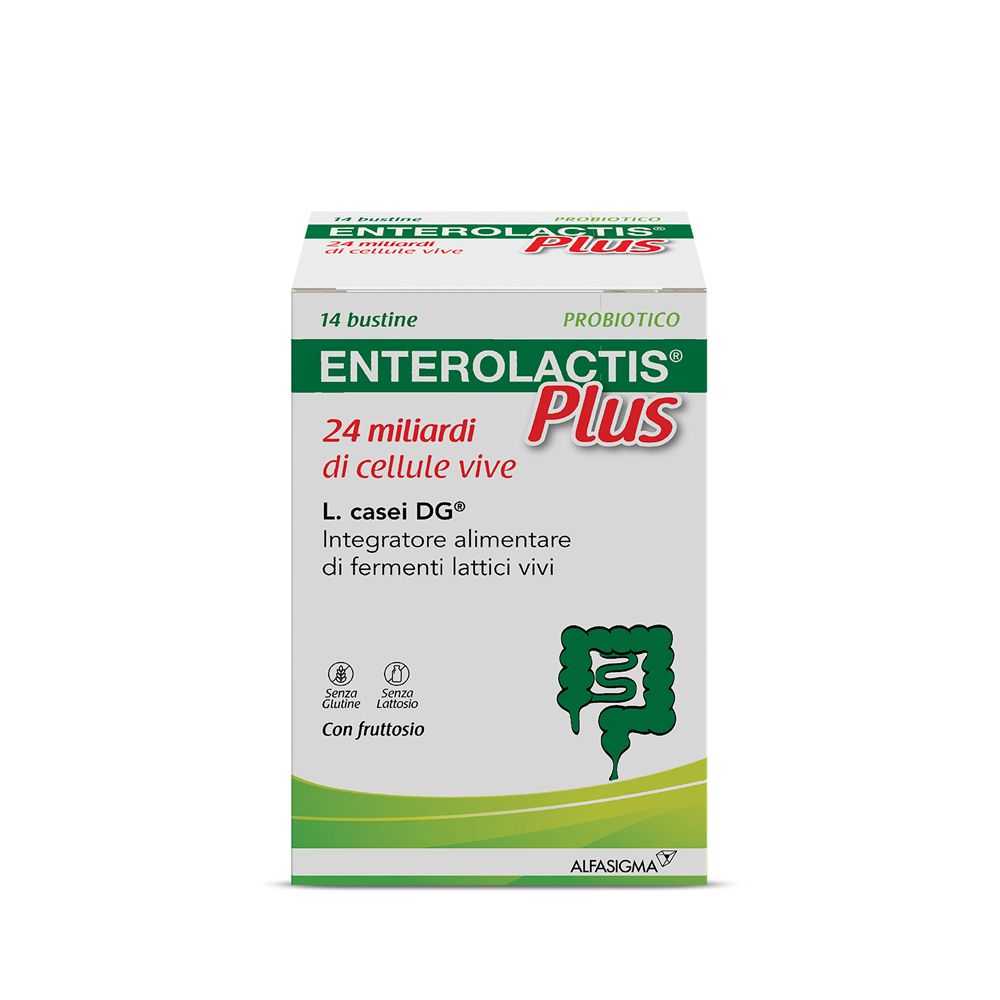 Boîte Enterolactis Plus. 14 sachets. Probiotique. 24 milliards de cellules vivantes. L. casei DG. Sans gluten, lactose. Avec fructose.