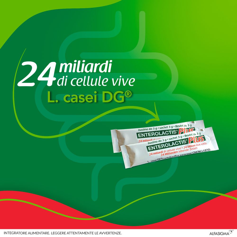 Deux sachets Enterolactis Plus. 24 milliards de cellules vivantes. L. casei DG. Sur fond vert. Texte.