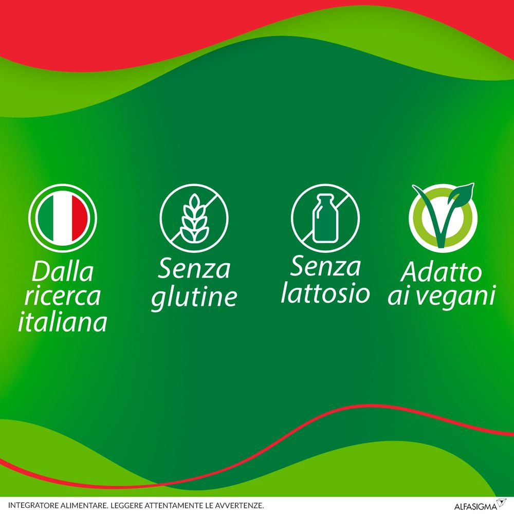 Symboles : Fabriqué en Italie, sans gluten, sans lactose, adapté aux végétaliens. Sur fond vert.