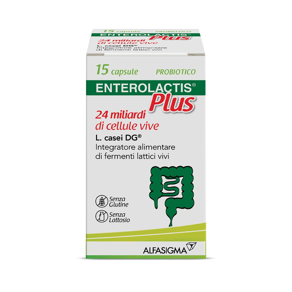 Boîte Enterolactis Plus, 15 gélules. Texte: 24 milliards de cellules vivantes, L. casei DG. Sans gluten, sans lactose.