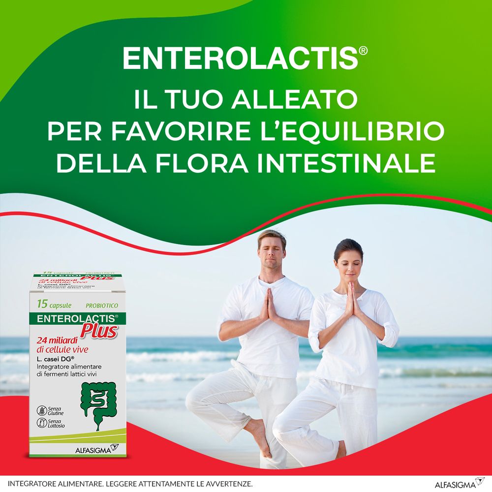 Image publicitaire Enterolactis Plus. Deux personnes en posture de yoga. Texte: Favorise l'équilibre de la flore intestinale.
