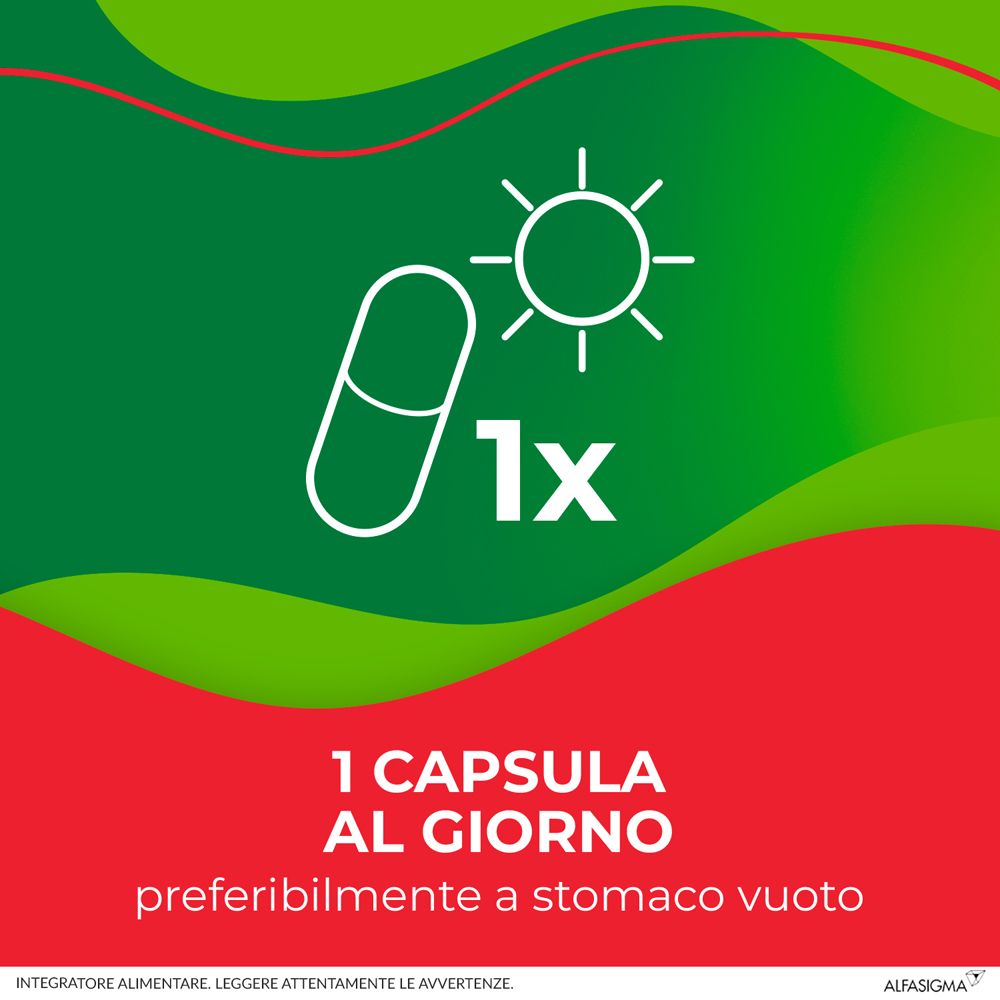 Graphique avec gélule et soleil. Texte: 1 gélule par jour.