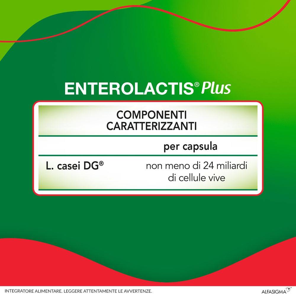 Texte: Enterolactis Plus. Composants: L. casei DG, pas moins de 24 milliards de cellules vivantes par gélule.