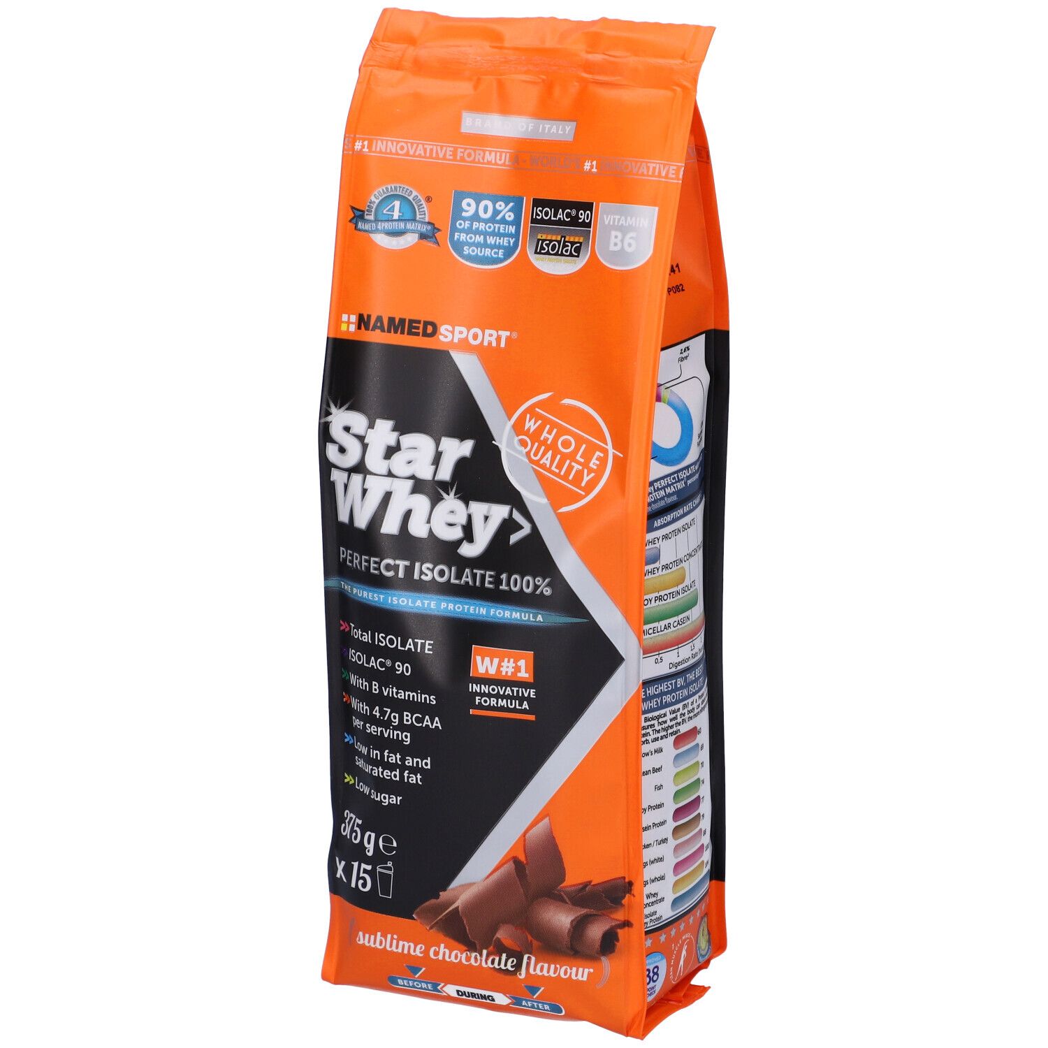 Orangefarbene Tüte mit NAMED SPORT® Star Whey. Enthält 375g. Aufschrift: Sublime Chocolate. Mit BCAA und Vitaminen.