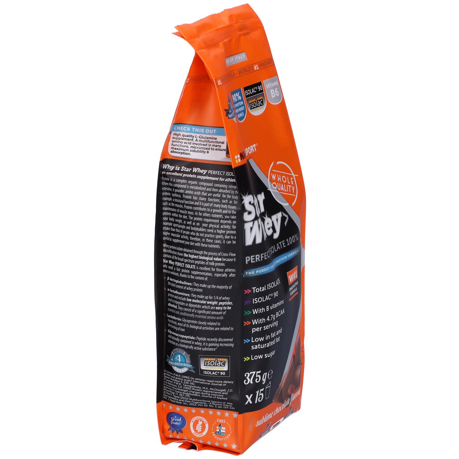 Orangefarbene Tüte NAMED SPORT® Star Whey. Seitenansicht. Enthält 375g. Aufschrift: Sublime Chocolate. Mit BCAA und Vitaminen.