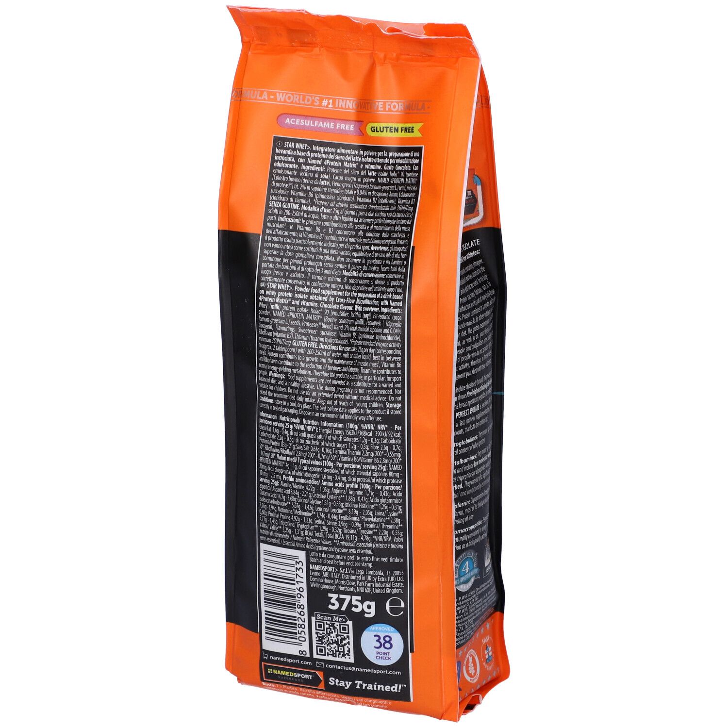 Rückseite der orangefarbenen Tüte NAMED SPORT® Star Whey. Enthält 375g. Glutenfrei. Text in deutscher Sprache.