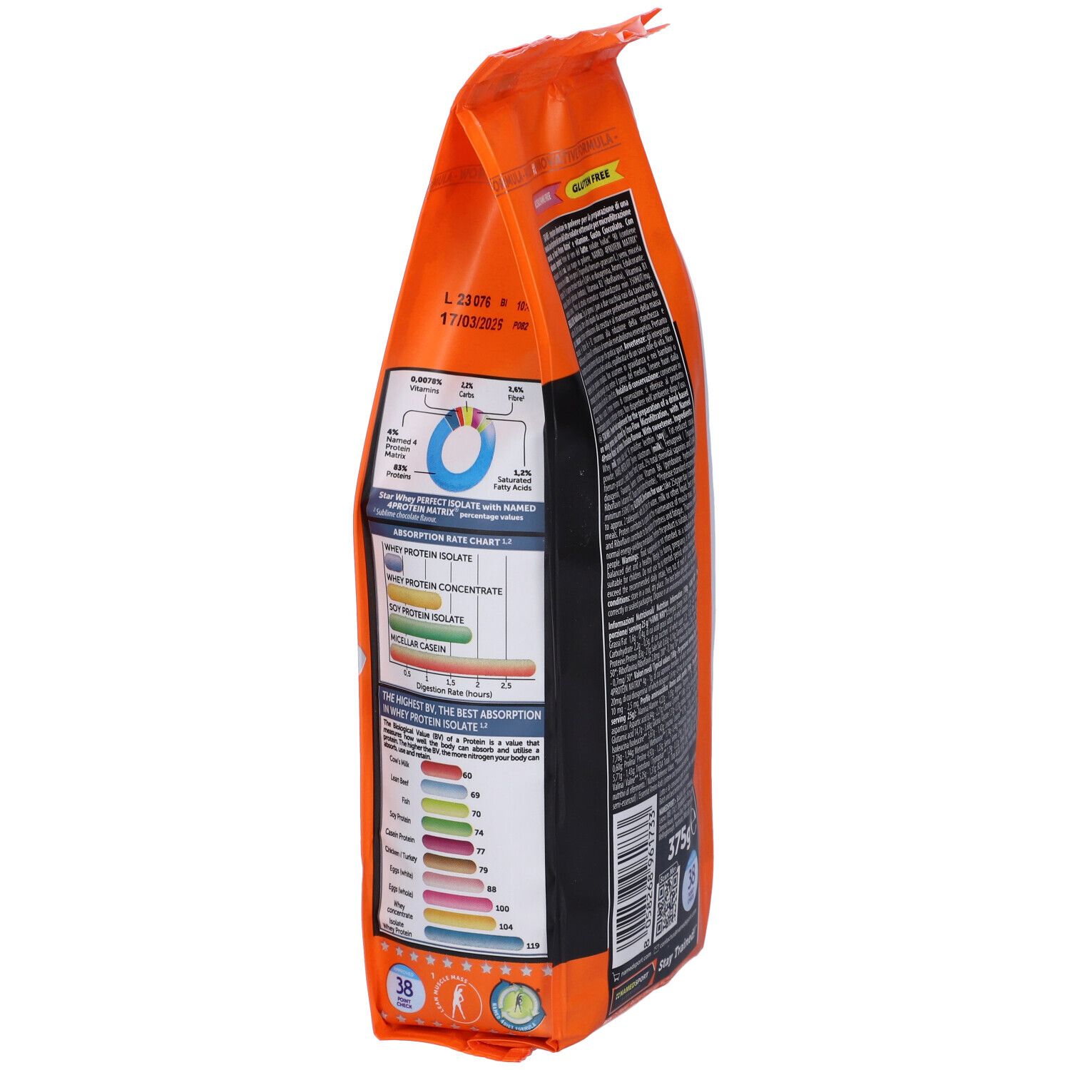 Seitenansicht der orangefarbenen Tüte NAMED SPORT® Star Whey. Enthält 375g. Glutenfrei. Diagramme und Text.