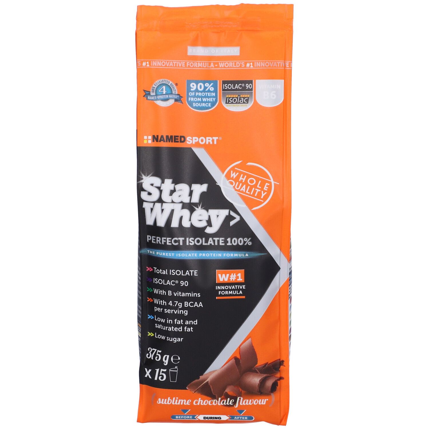 Orangefarbene Tüte NAMED SPORT® Star Whey. Enthält 375g. Aufschrift: Sublime Chocolate. Mit BCAA und Vitaminen.