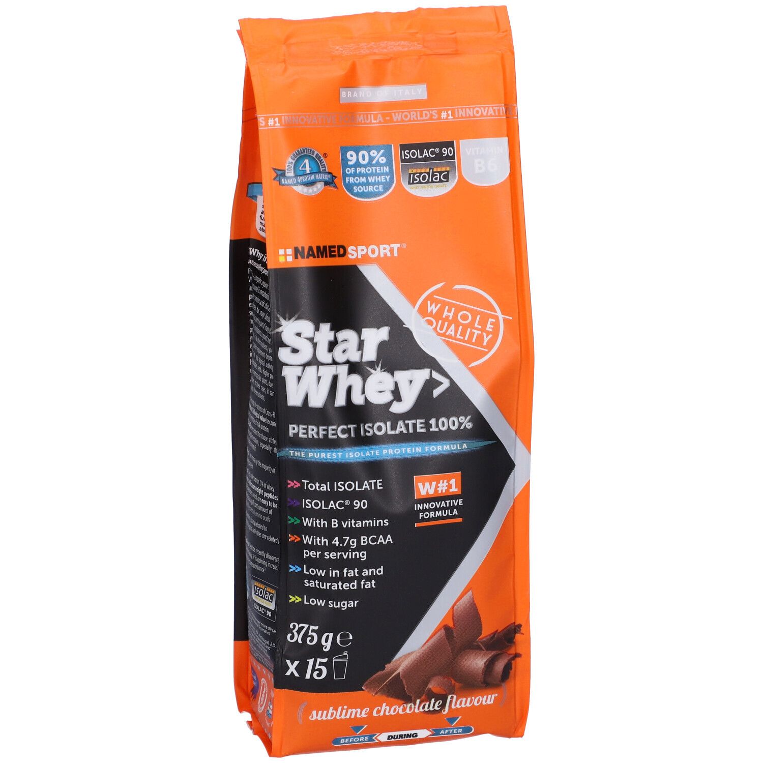 Orangefarbene Tüte NAMED SPORT® Star Whey. Enthält 375g. Aufschrift: Sublime Chocolate. Mit BCAA und Vitaminen.