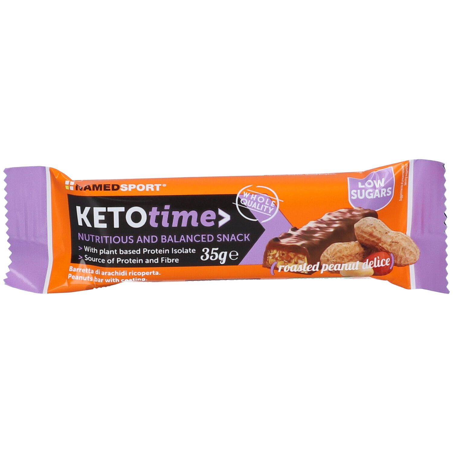 Barre NAMEDSPORT® KETOtime. Emballage orange et violet. Inscription : KETOtime, 35g, Low Sugars. Visibles : barre, cacahuètes.