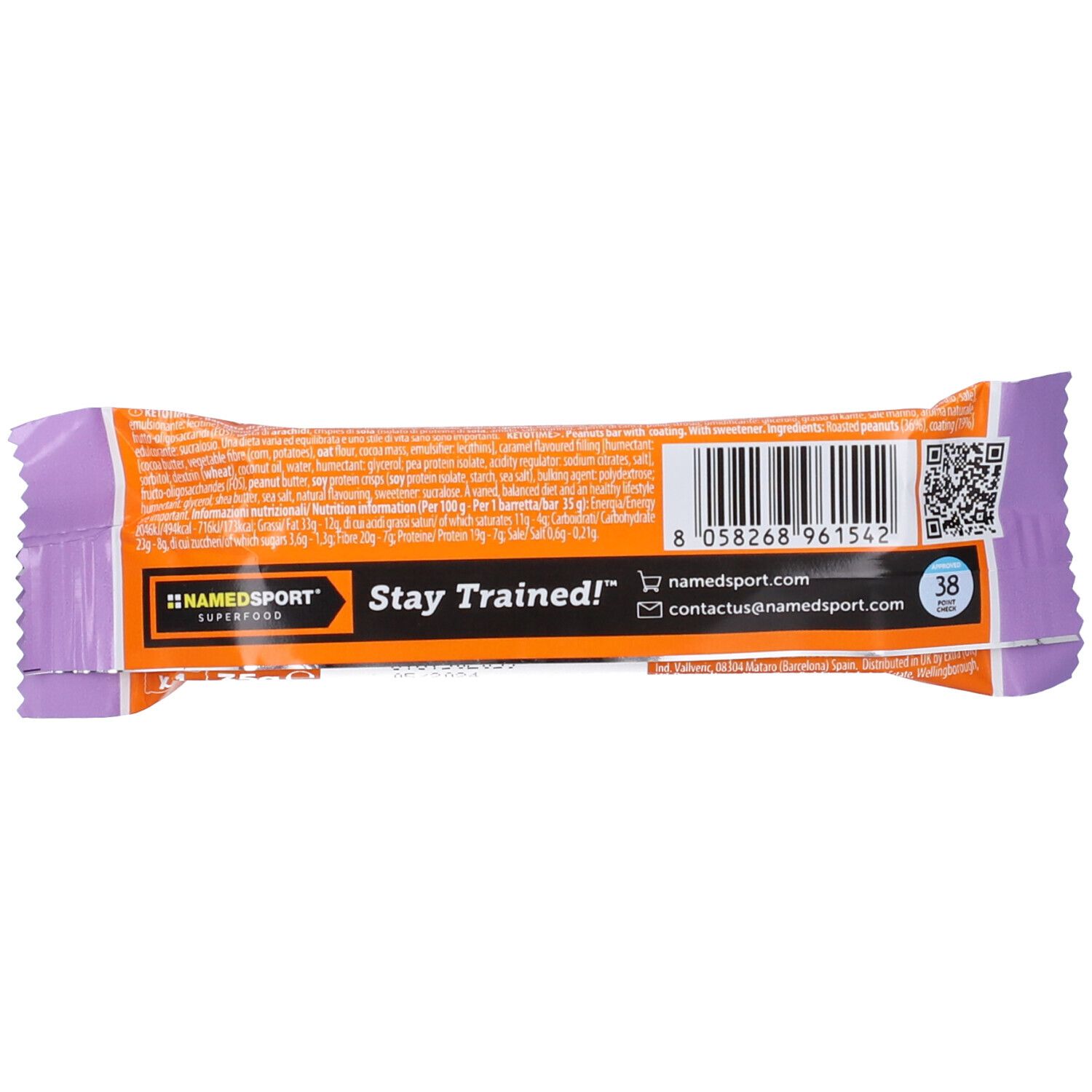 Dos de l'emballage de la barre NAMEDSPORT® KETOtime. Fond orange. Inscription : Stay Trained ! Code QR et coordonnées.