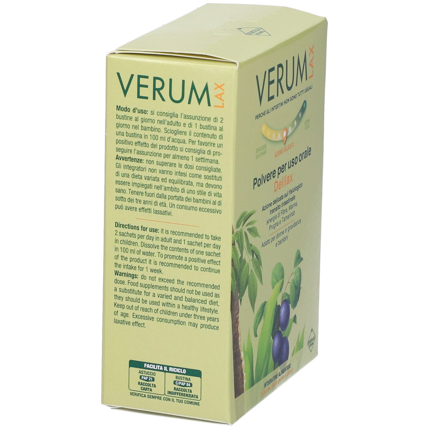 Vue latérale de la boîte Verum Lax Delilax. Texte sur l'utilisation et les avertissements. Design vert et blanc.