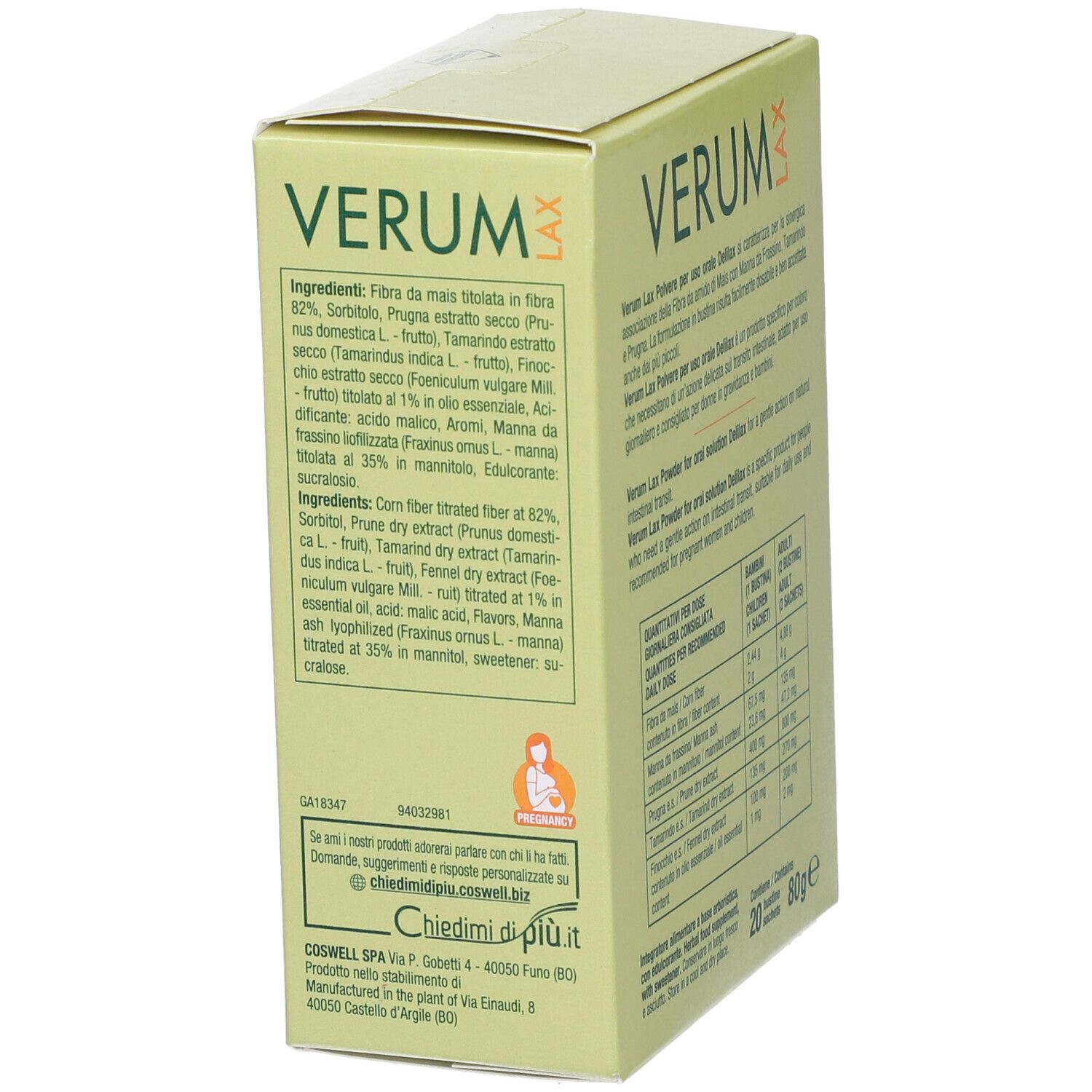 Boîte Verum Lax Delilax, texte avec ingrédients. Design vert et blanc, avec logo et informations fabricant.