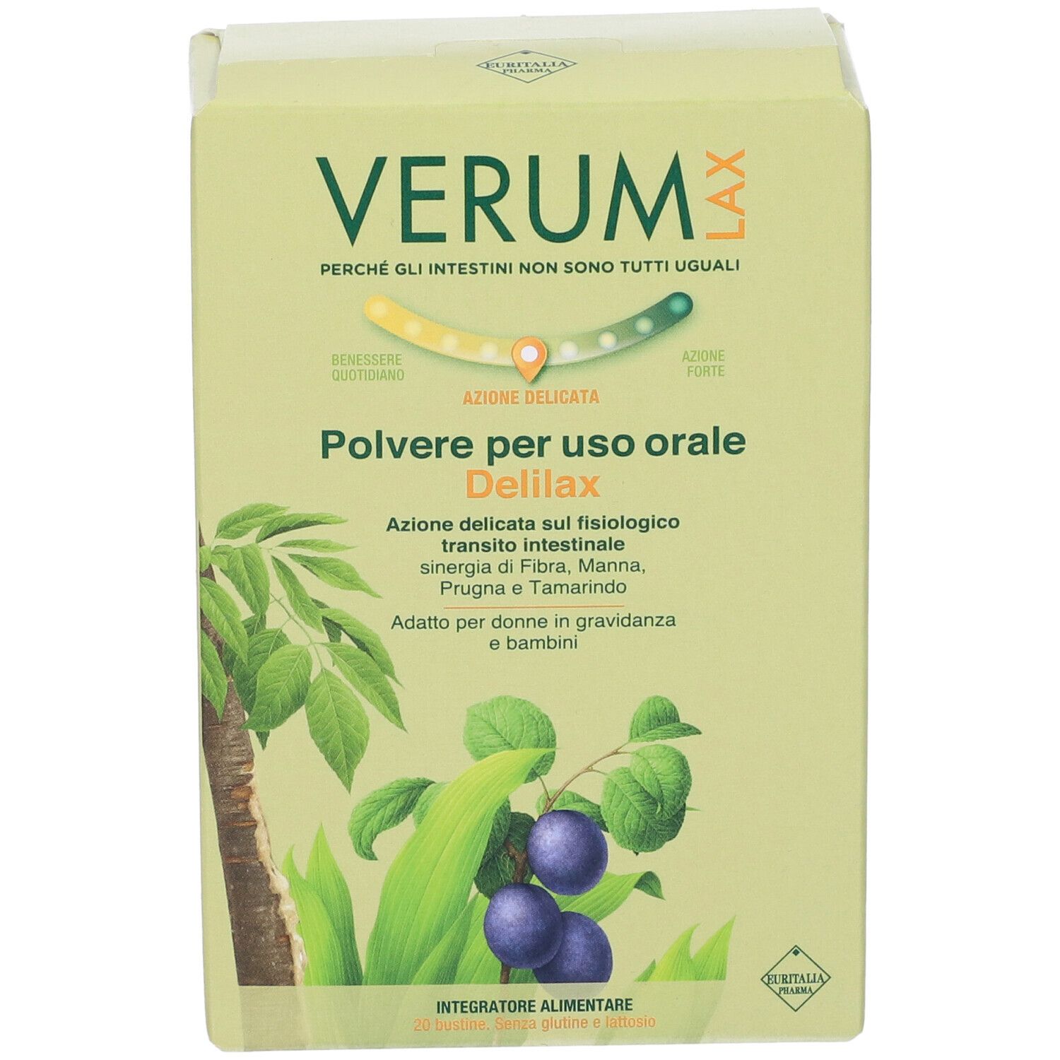 Boîte de Verum Lax Delilax en poudre. Vert et blanc, avec nom du produit et illustrations de prunes et de feuilles.