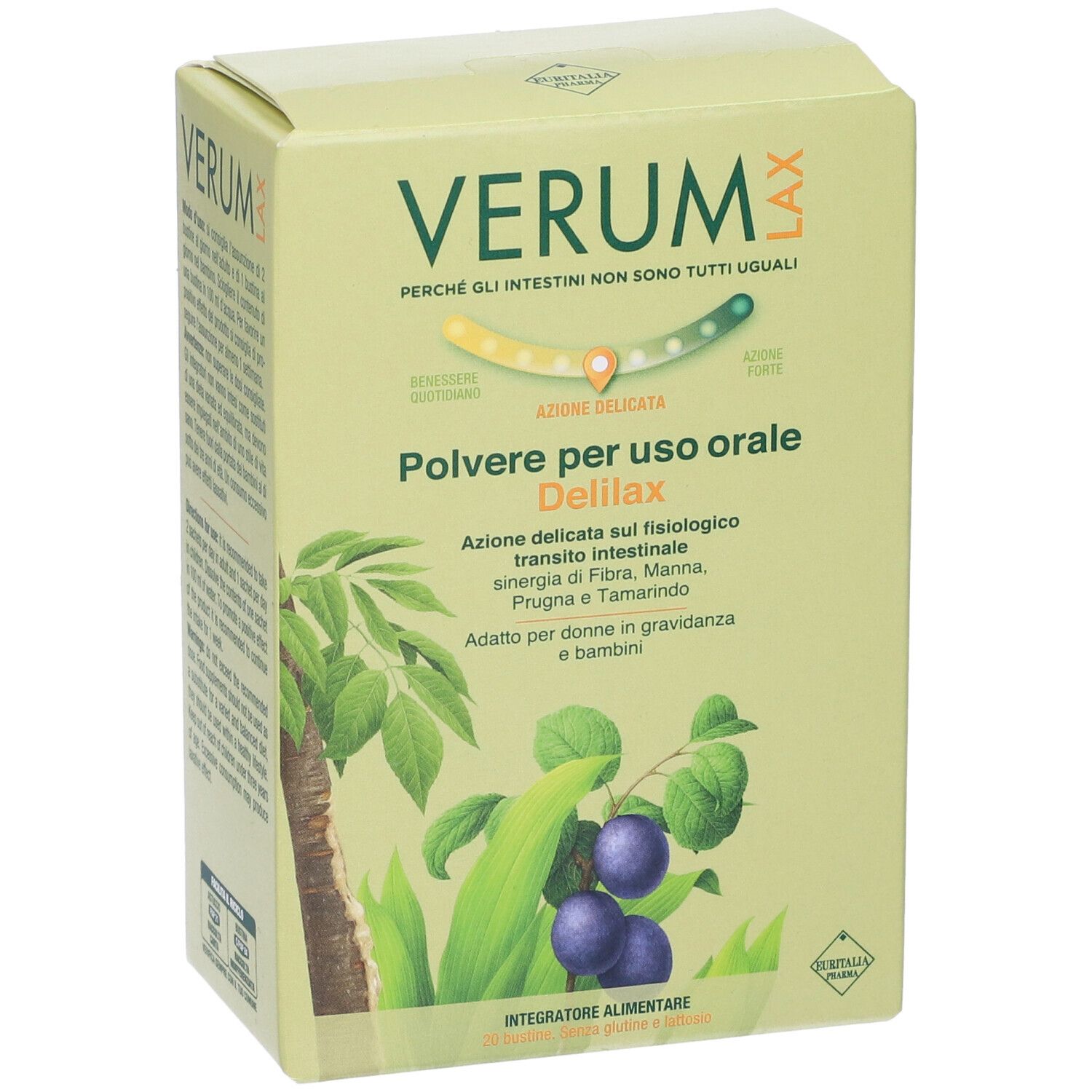 Boîte de Verum Lax Delilax en poudre. Vert et blanc, avec nom du produit et illustrations de prunes et de feuilles.